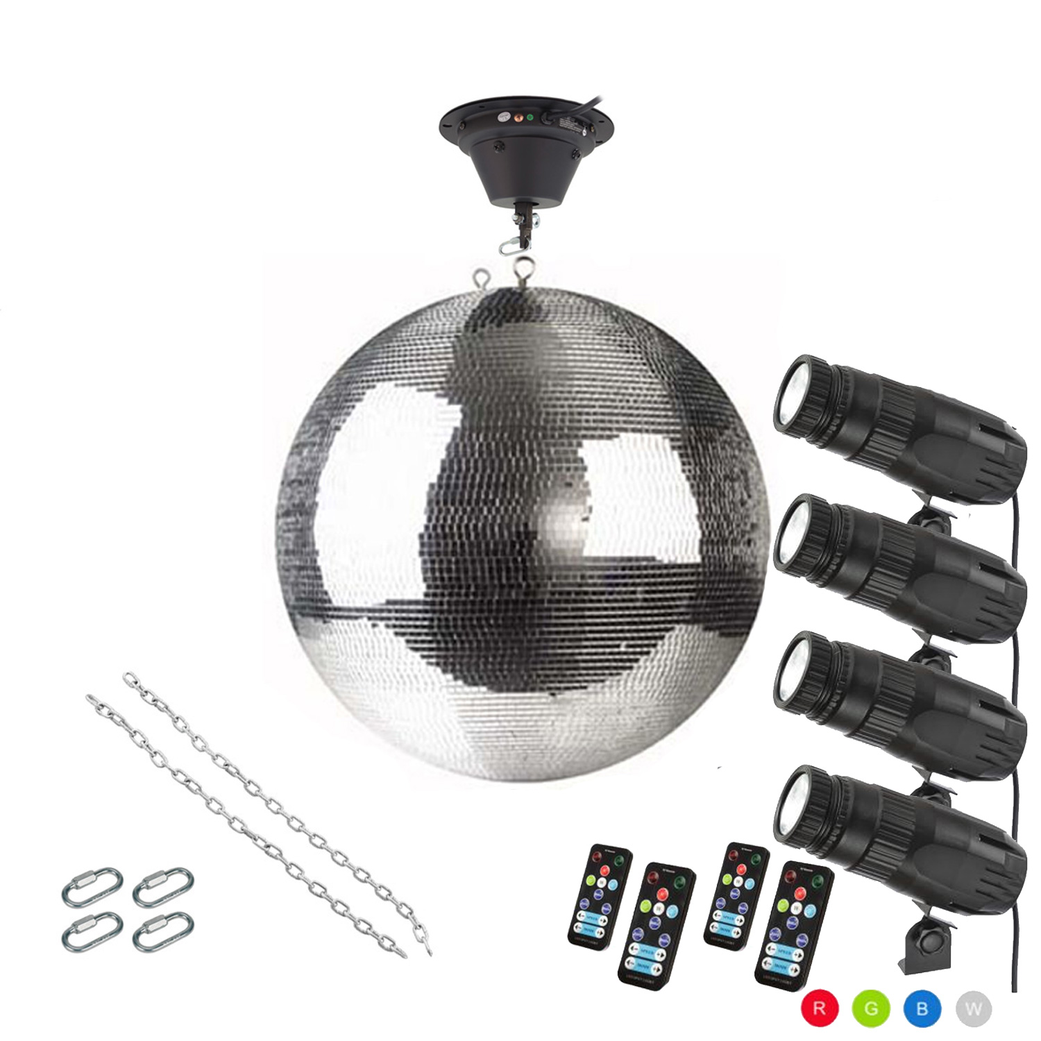 Spiegelkugel Komplettset - Discokugel, Motor, Pinspot, Montagematerial für Diskokugel - Mirrorball Set - Partyset