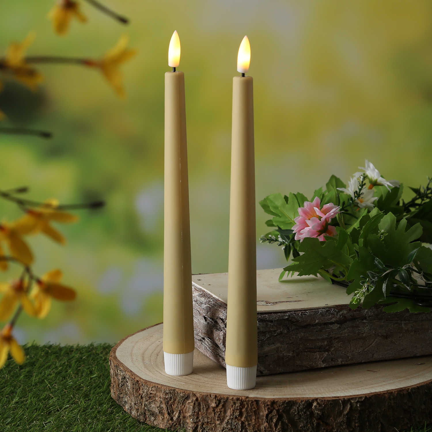 LED Stabkerzen - LED Tafelkerzen aus Kunststoff - H: 25,5cm - Timer - für Innen/Außen - creme