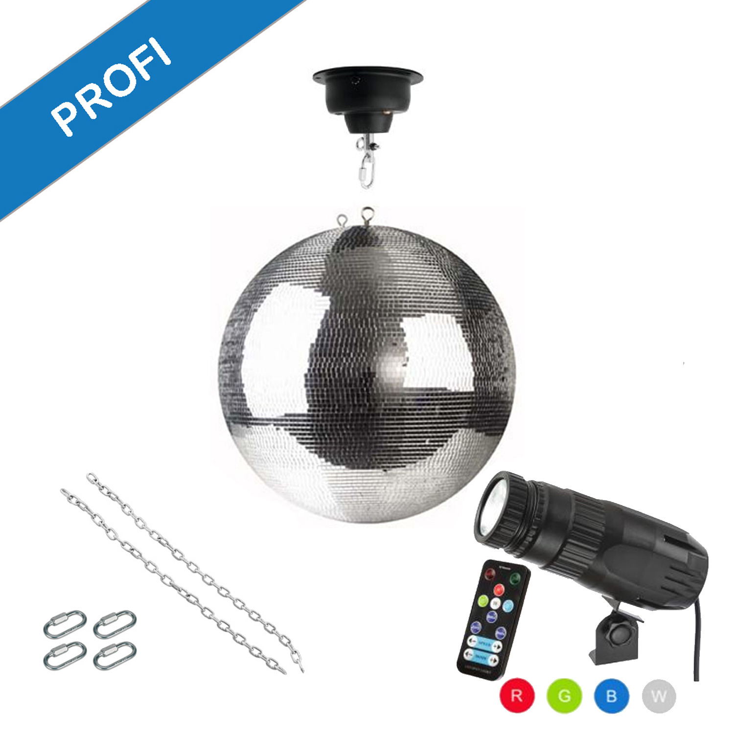 Spiegelkugel Komplettset - Discokugel, Motor, Pinspot, Montagematerial für Diskokugel - Mirrorball Set - Partyset