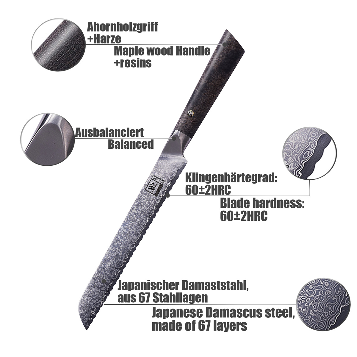 ZAYIKO Damastmesser DAITO PROFI LINE "Brotmesser" - Ahornholz - VG-10 Stahlkern