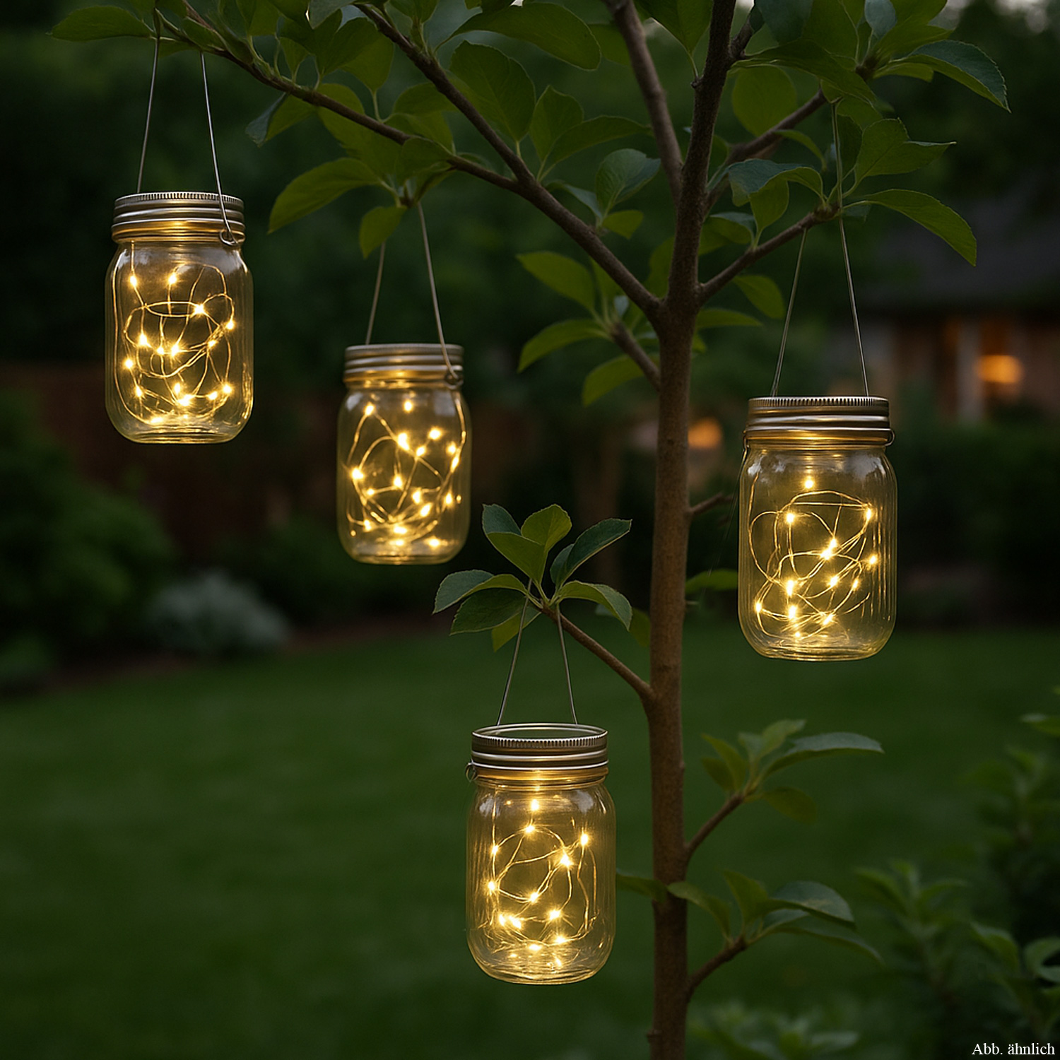 LED Solar Gläser - Windlichter mit Drahtlichterkette - Lichtsensor - H: 13cm - transparent - 2 Stück