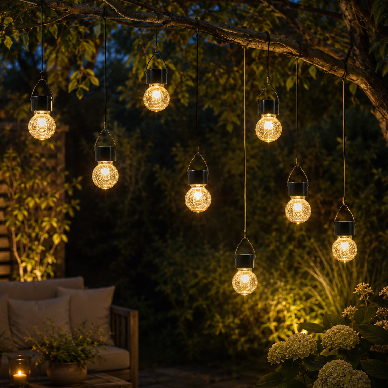 LED Solar Hängeleuchte CRACKLE - Bruchglas-Optik - warmweiße LED - H: 9cm - Sensor - 8 Stück