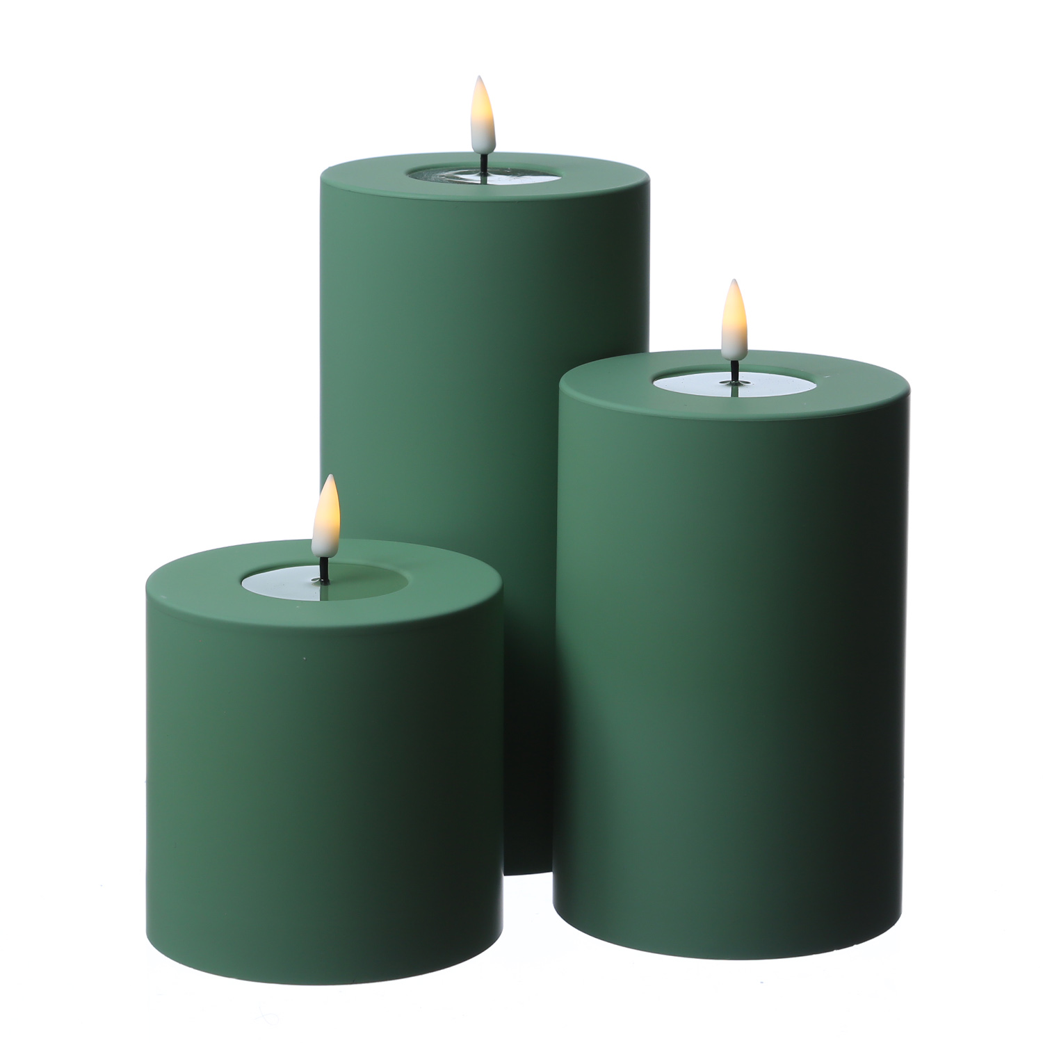 LED Stumpenkerze MIA - Kunststoff - realistische 3D Flamme - H: 20cm - f. Außen - grün LED Stumpenkerze MIA - Kunststoff - realistische 3D Flamme - H: 20cm - f. Außen - grün