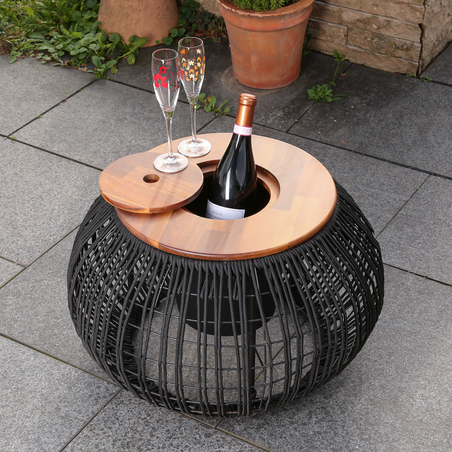Garten Beistelltisch - integrierter Behälter - Kunststoffseil - H: 37cm - D: 58cm - schwarz