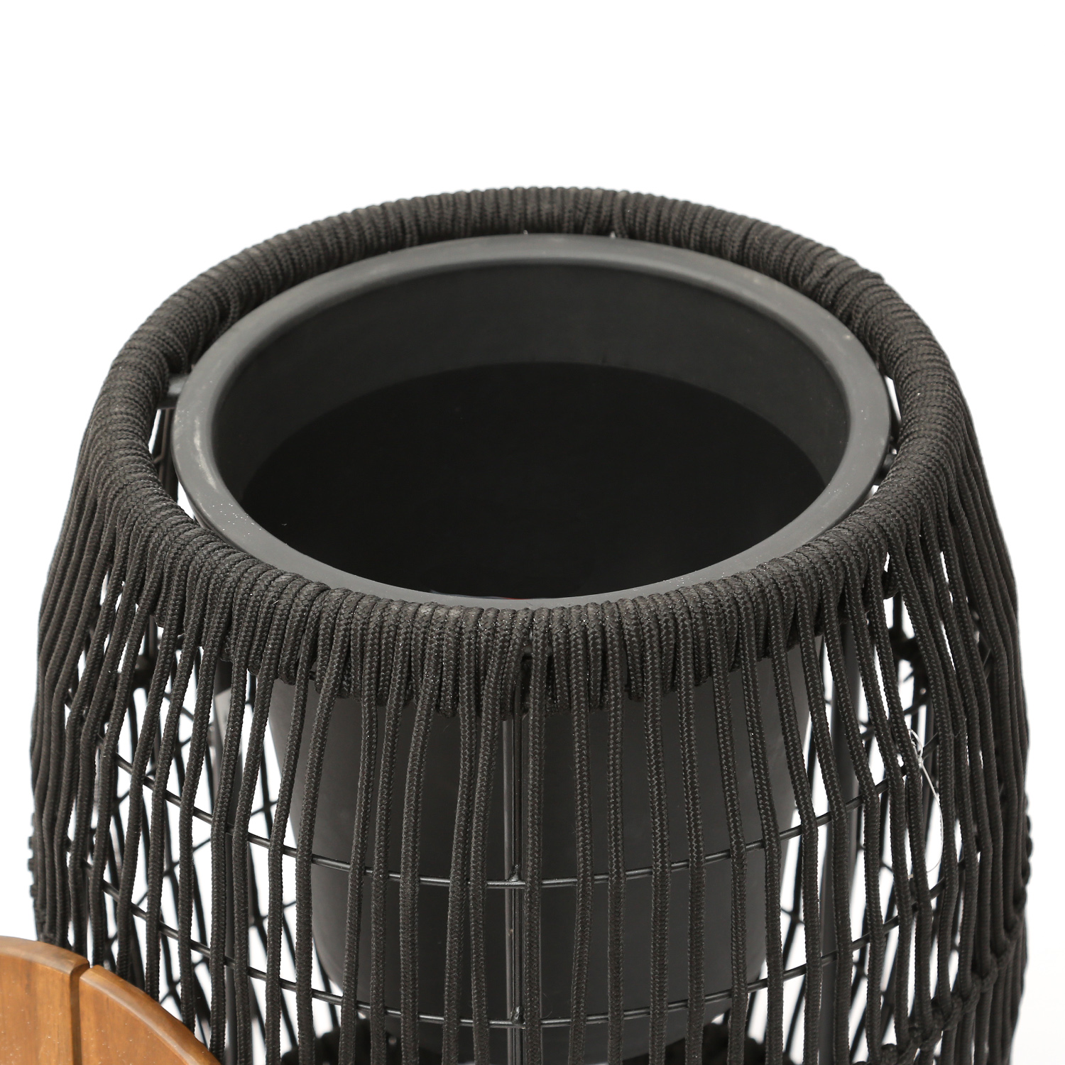 Garten Beistelltisch - integrierter Behälter - Kunststoffseil - H: 49cm - D: 40cm - schwarz