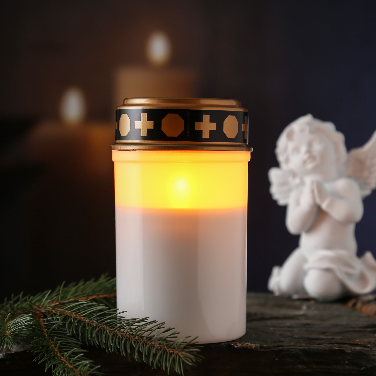 LED Grablicht - Grabkerze - gelb flackernde Flamme - H. 12,5cm - für Außen - weiß mit Deckel LED Grablicht - Grabkerze - gelb flackernde Flamme - H. 12,5cm - für Außen - weiß mit Deckel