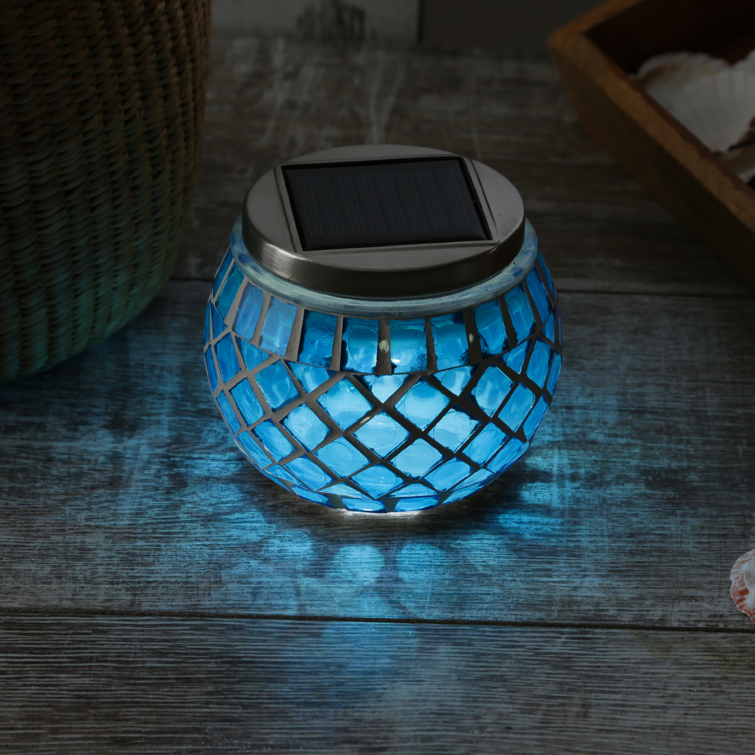 LED Solar Windlicht - Mosaik Solarglas - kaltweiße LED - Lichtsensor - H: 9cm - für Außen - blau LED Solar Windlicht - Mosaik Solarglas - kaltweiße LED - Lichtsensor - H: 9cm - für Außen - blau