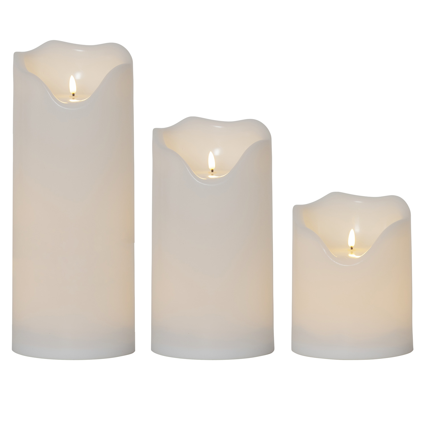 LED  XXL Stumpenkerzen Flamme - Kunststoff - flackernde 3D Flamme - Timer - Außen - weiß - 3er Set