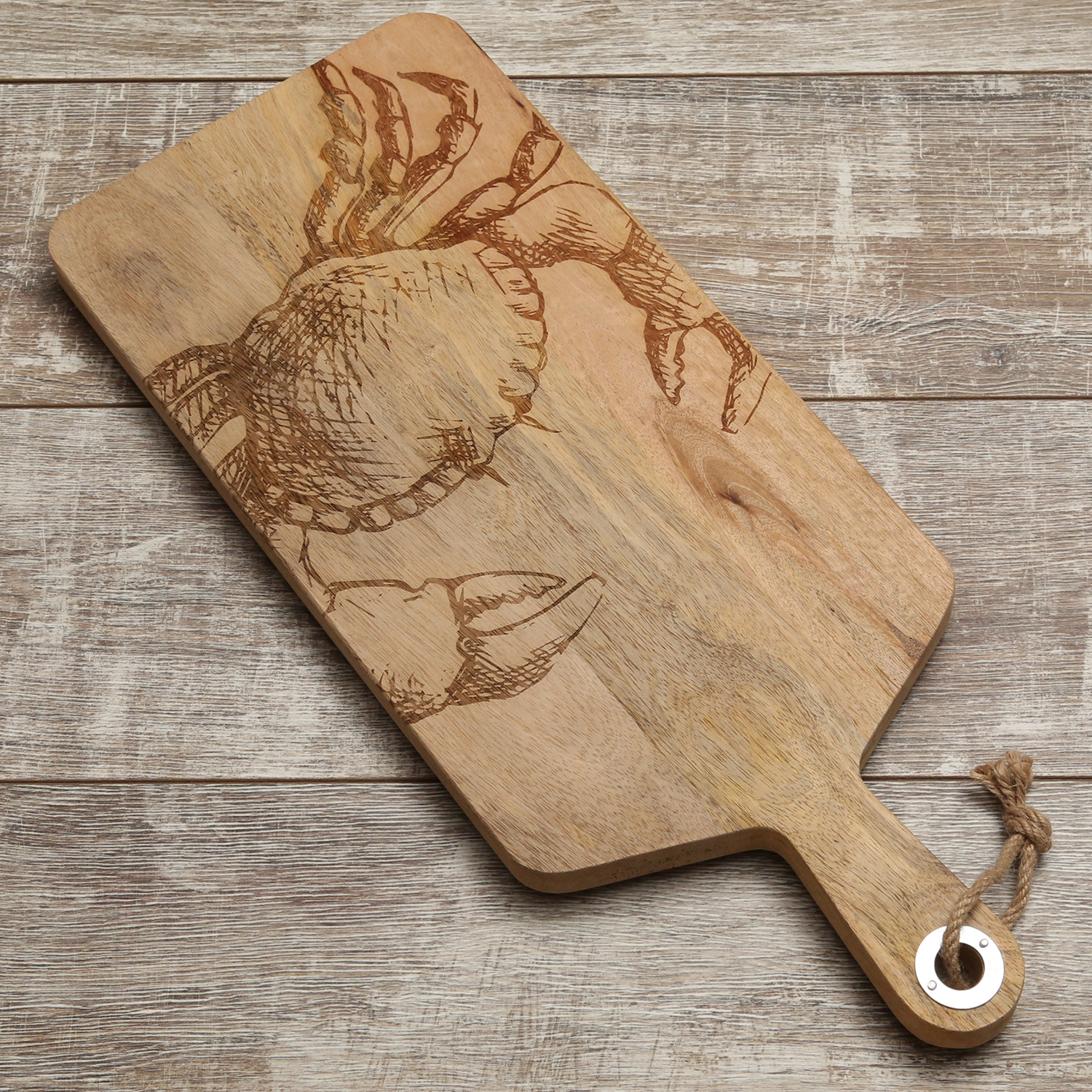 Schneidebrett - Vesperbrett - Krebsmotiv - Mangoholz - Kordel - L: 58cm - natur Schneidebrett - Vesperbrett - Krebsmotiv - Mangoholz - Kordel - L: 58cm - natur