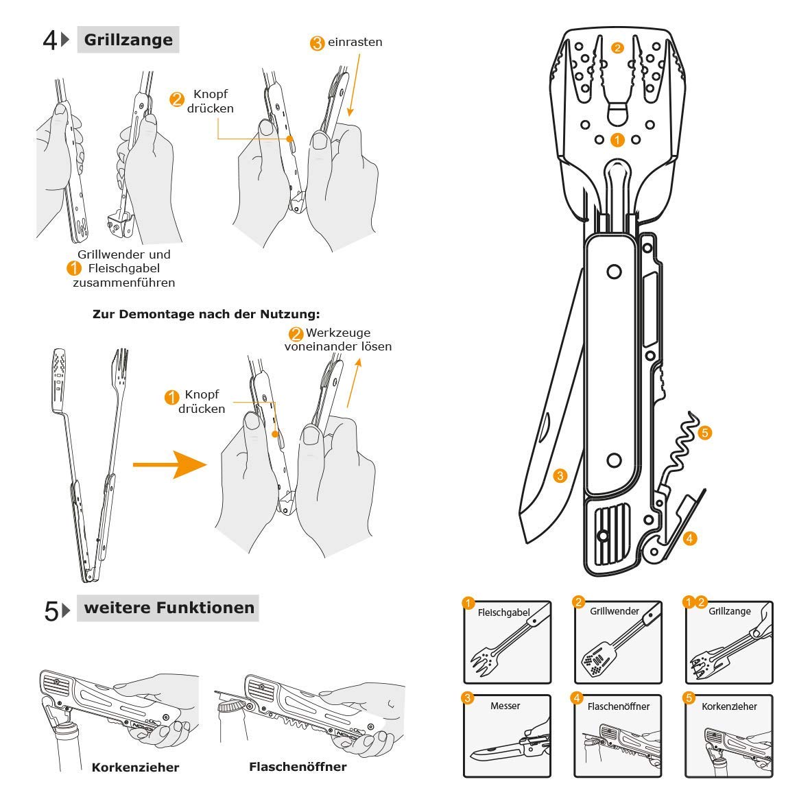 RADOLEO® Grill-Multi-Tool GENIUS Grillbesteck | Zange, Wender, Grillmesser, Fleischgabel, Flaschenöffner, Korkenzieher RADOLEO® Grill-Multi-Tool GENIUS Grillbesteck | Zange, Wender, Grillmesser, Fleischgabel, Flaschenöffner, Korkenzieher