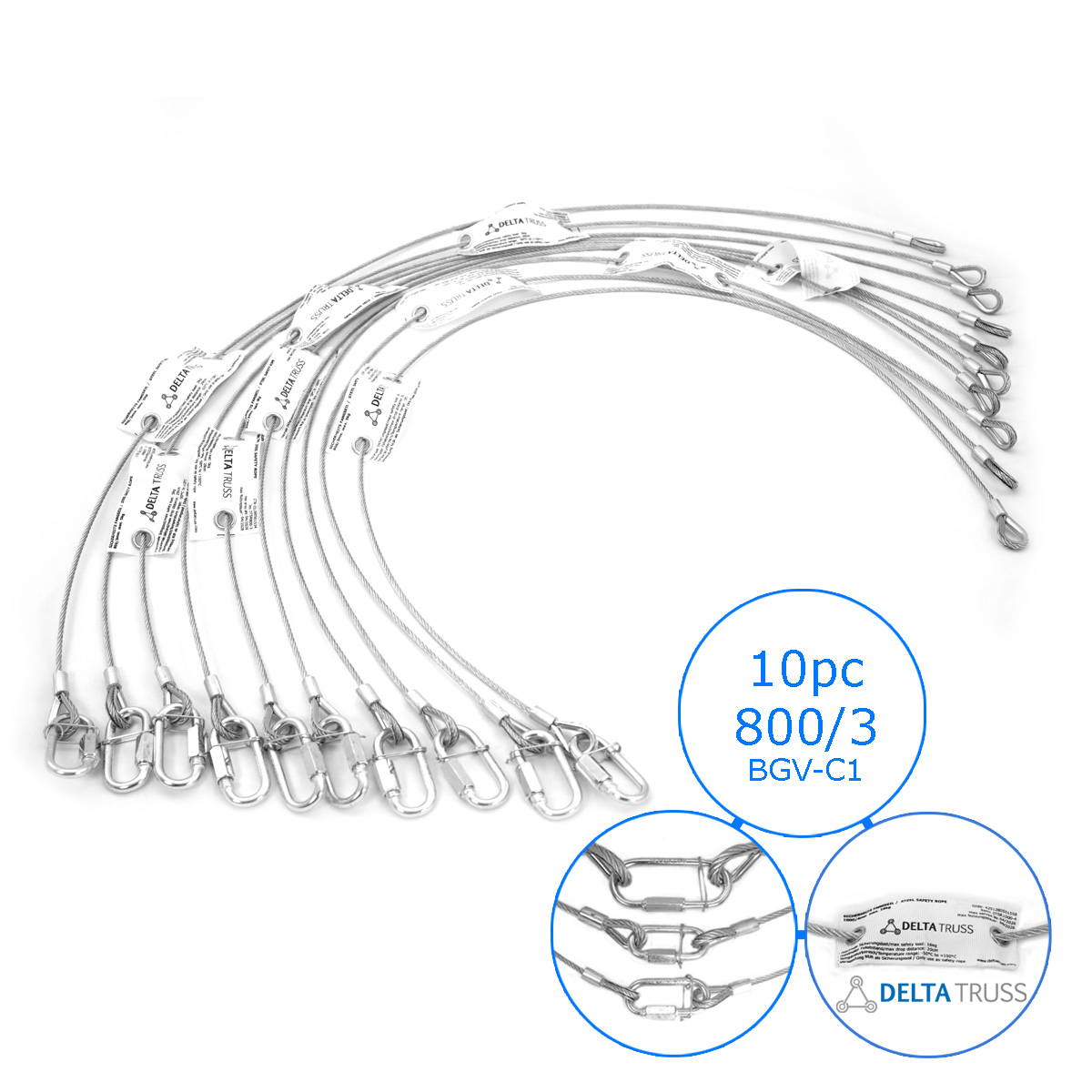 Sicherheitsfangseil 800x3mm - 10er Set - Safety nach BGV-C1 bis 5kg Safety Stahlseil als Absturzsicherung in der Veranstaltungstechnik - Fallsicherung Sicherheitsfangseil 800x3mm - 10er Set - Safety nach BGV-C1 bis 5kg Safety Stahlseil als Absturzsicherung in der Veranstaltungstechnik - Fallsicherung