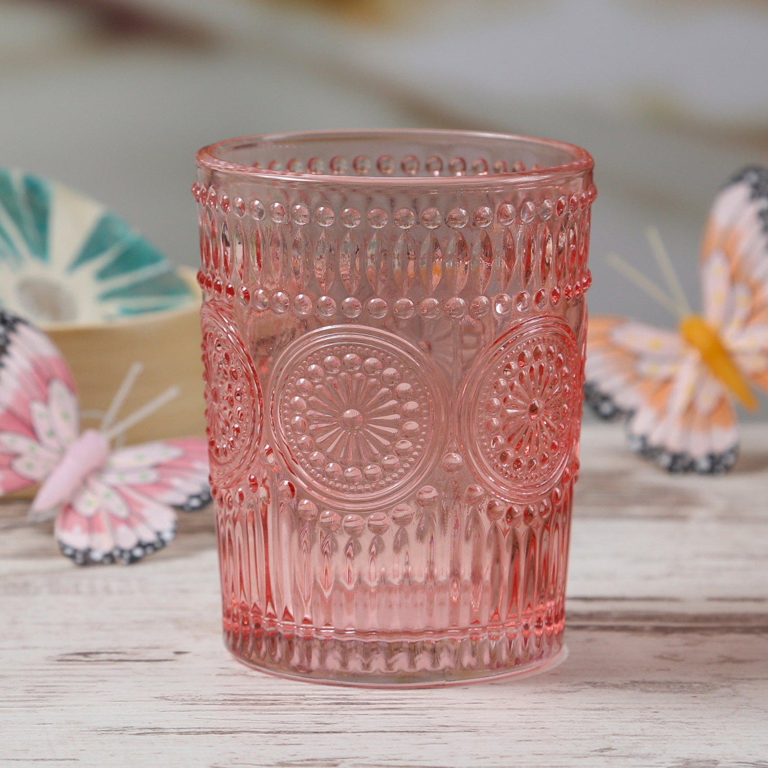 Trinkglas Vintage - Glas - lebensmittelecht - 280ml - H: 10cm - mit Muster - rosa