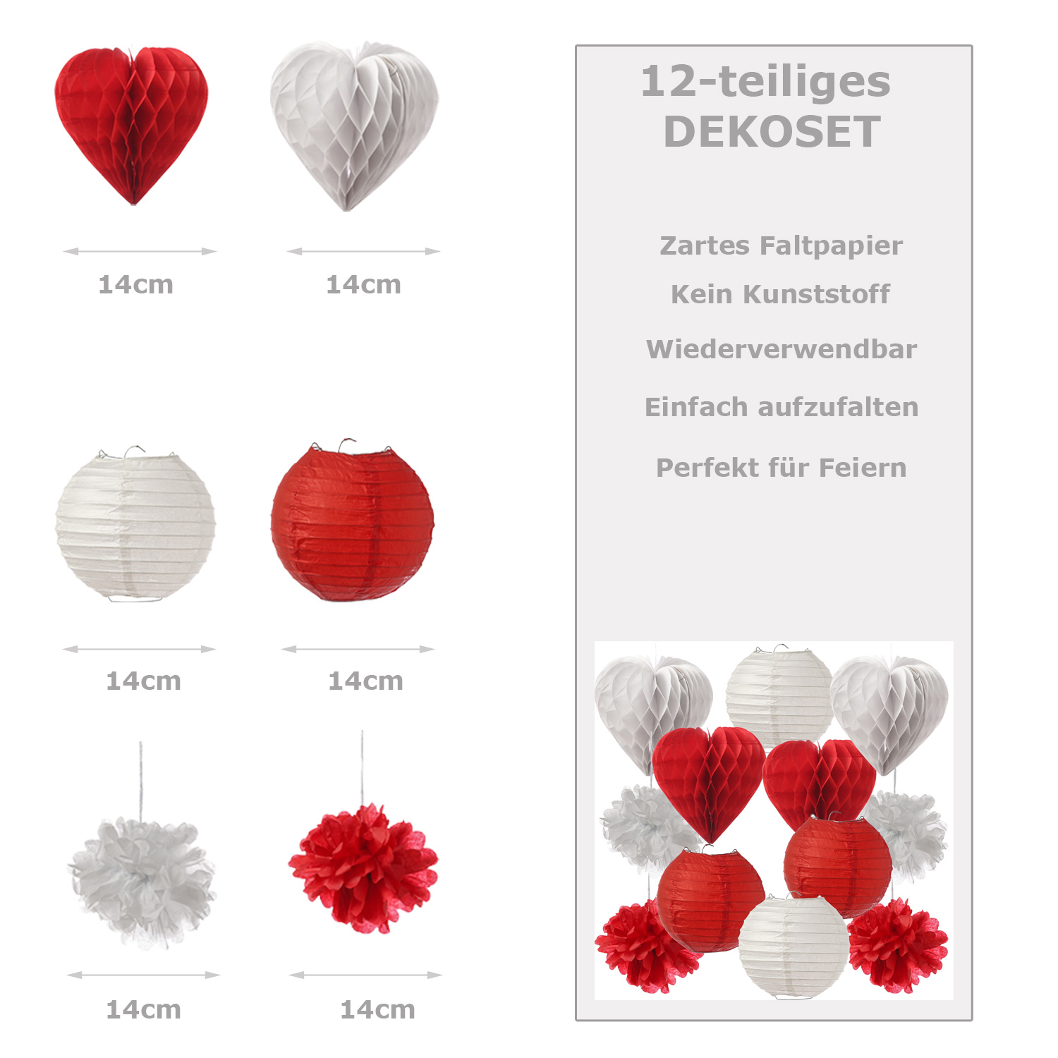 4x Partyset Papierdekoration 12 Teilig - rot/weiß Lampion, Pompon, Herzen