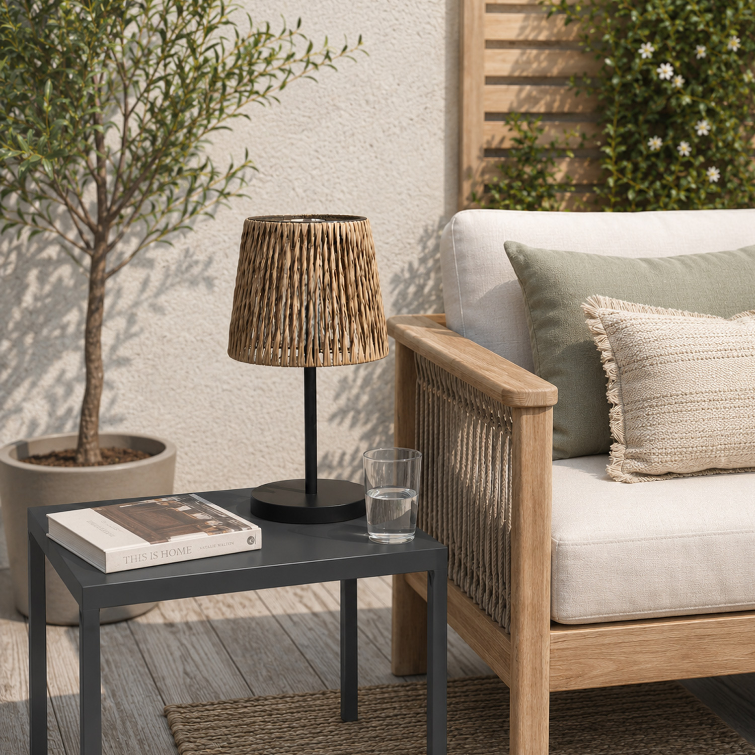 LED Solar Tischleuchte in Rattan-Optik - warmweiße LED - H: 48cm - Lichtsensor