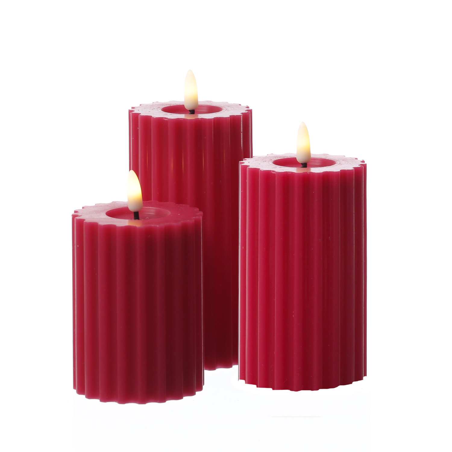 LED Kerze LIV - gerillt - Echtwachs - warmweiße 3D Flamme - H: 17,5cm - D: 7,5cm - Timer - beerenrot