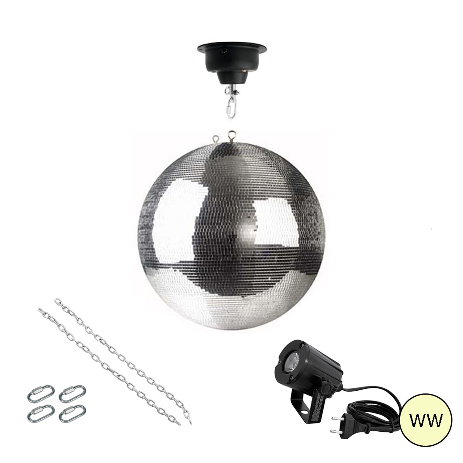 Spiegelkugel Komplettset - Discokugel, Motor, Pinspot, Montagematerial für Diskokugel - Mirrorball Set - Partyset Spiegelkugel Komplettset - Discokugel, Motor, Pinspot, Montagematerial für Diskokugel - Mirrorball Set - Partyset