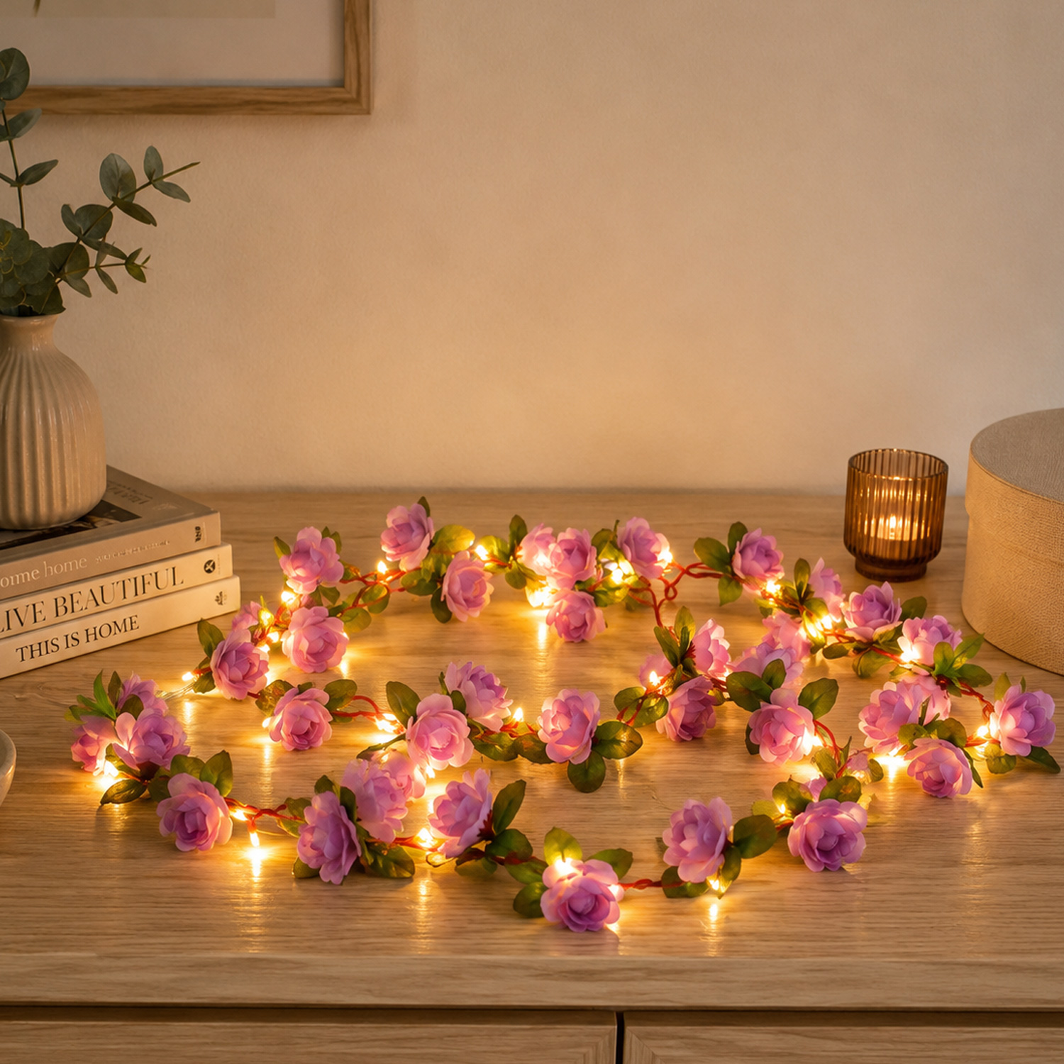 LED Lichterkette lila Mini Rosen - 22 warmweiße LED - Batteriebetrieb - Timer L: 2,1m - für Innen