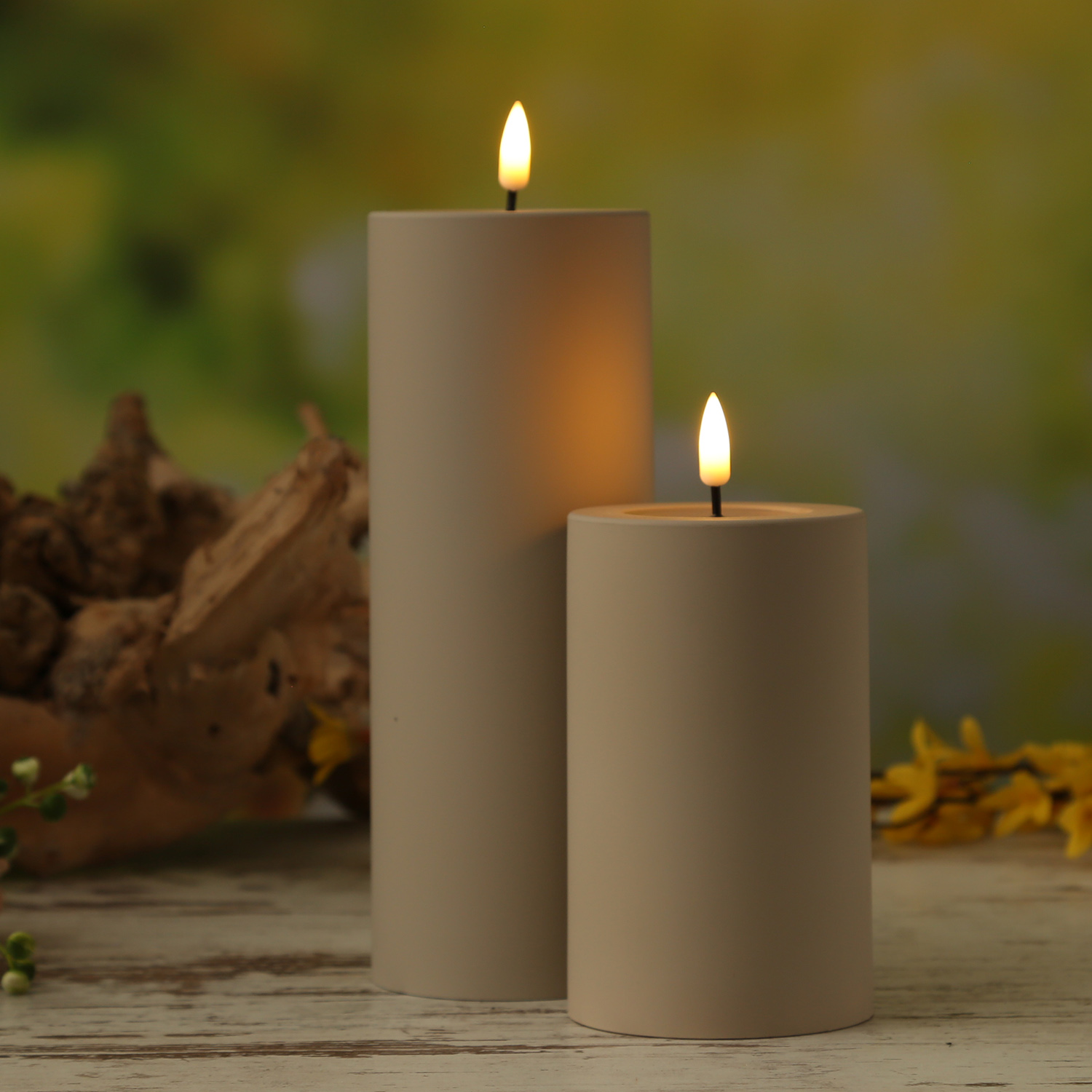 LED Stumpenkerze MIA - Kunststoff - 3D Flamme - H: 12,5cm - D: 7,5cm - für Außen - sand LED Stumpenkerze MIA - Kunststoff - 3D Flamme - H: 12,5cm - D: 7,5cm - für Außen - sand