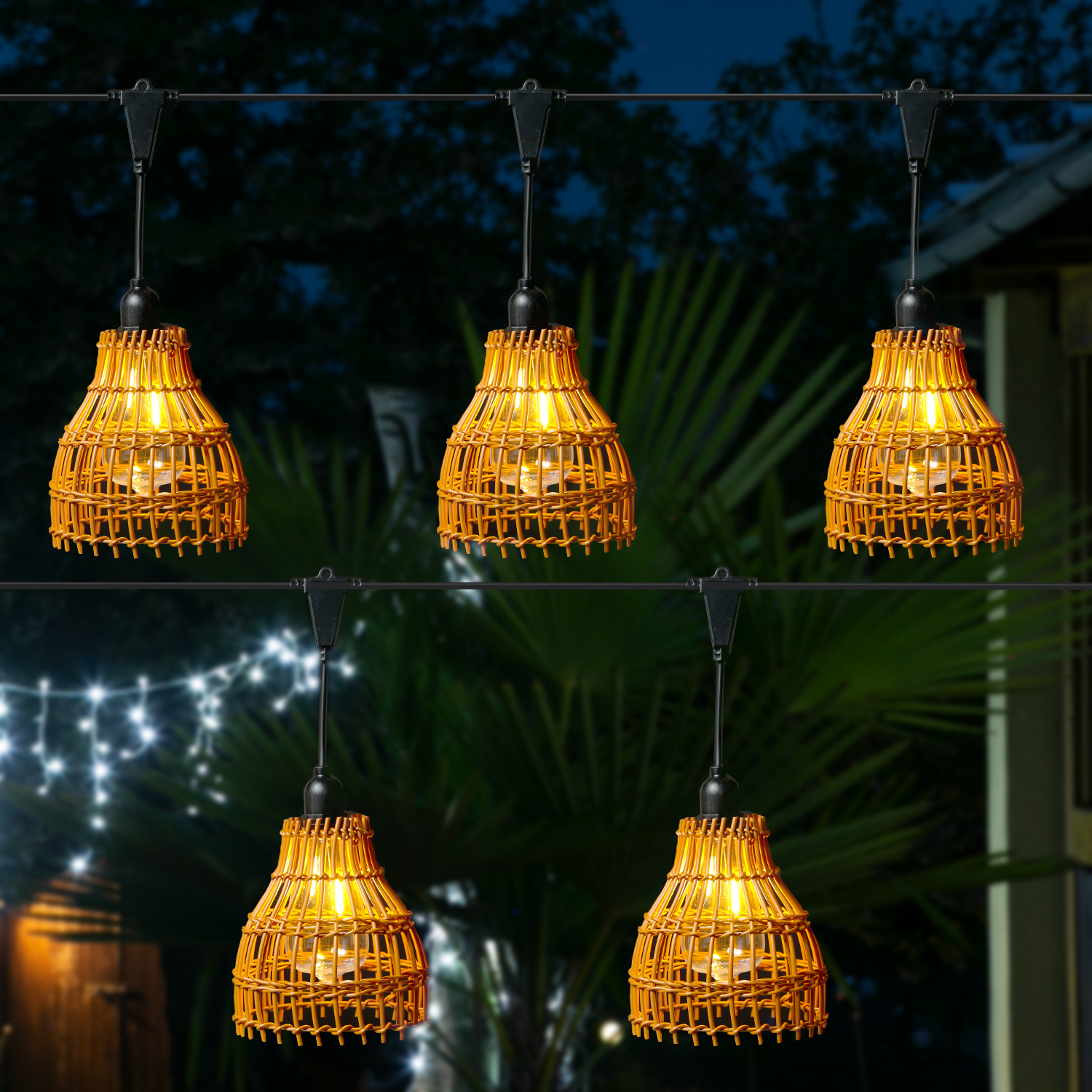 LED Lichterkette BOHO - 5 beleuchtete Lampenschirme - L: 2m - koppelbar bis 20 LED - für Außen LED Lichterkette BOHO - 5 beleuchtete Lampenschirme - L: 2m - koppelbar bis 20 LED - für Außen