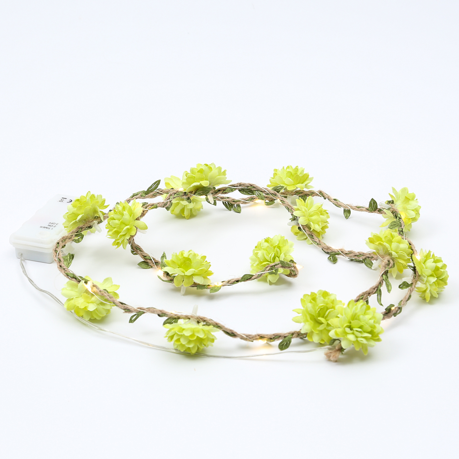 LED Lichterkette Blumen - 20 warmweiße LED - Batterie - Timer - L: 1,45m - für Außen - grün