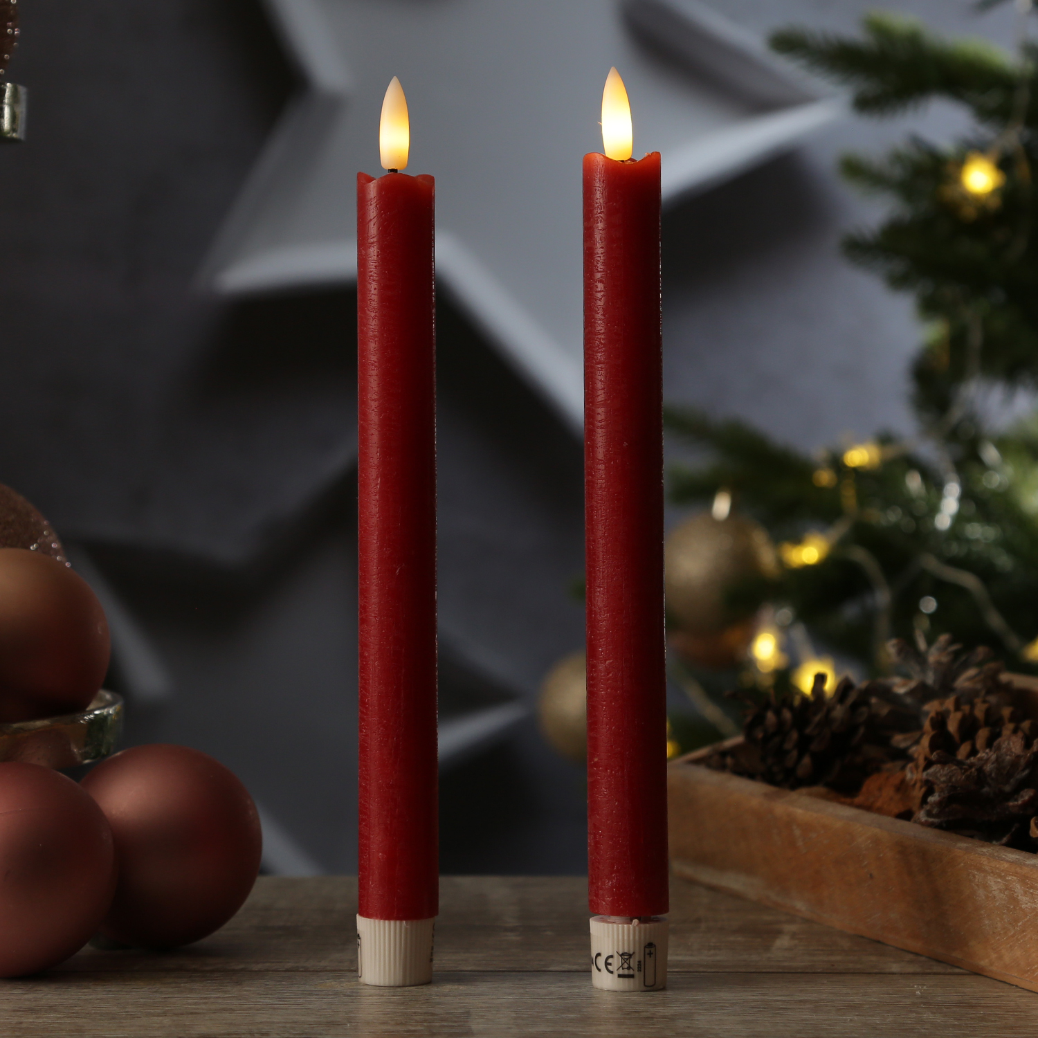 LED Stabkerzen LINA - Rustik-Optik - Echtwachs - flackernd  - H: 24,5cm - Timer - rot - 2er Set LED Stabkerzen LINA - Rustik-Optik - Echtwachs - flackernd  - H: 24,5cm - Timer - rot - 2er Set