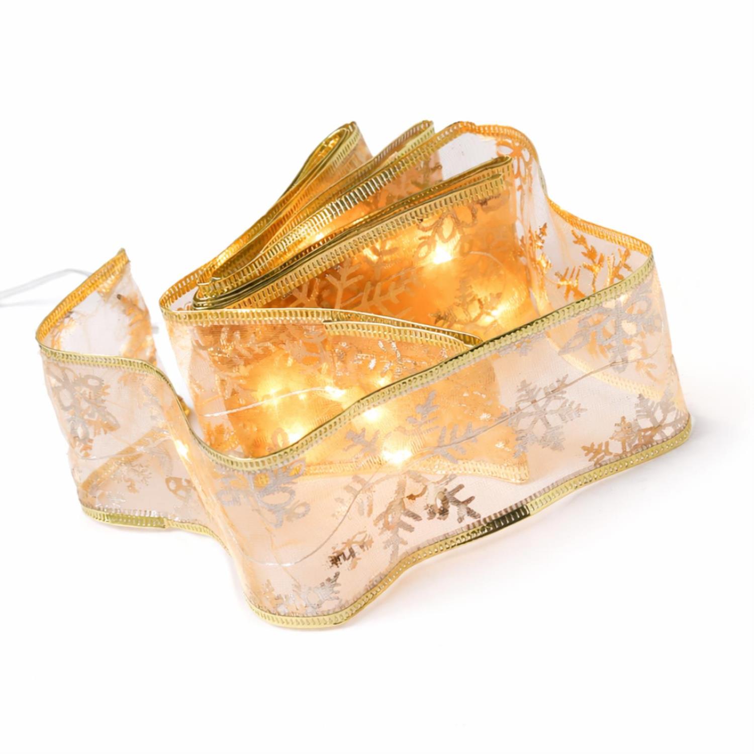 LED Seidenband Lichterkette - Geschenkband - Schneeflockenmotiv - 30 LED - L 27m - Batterie - gold