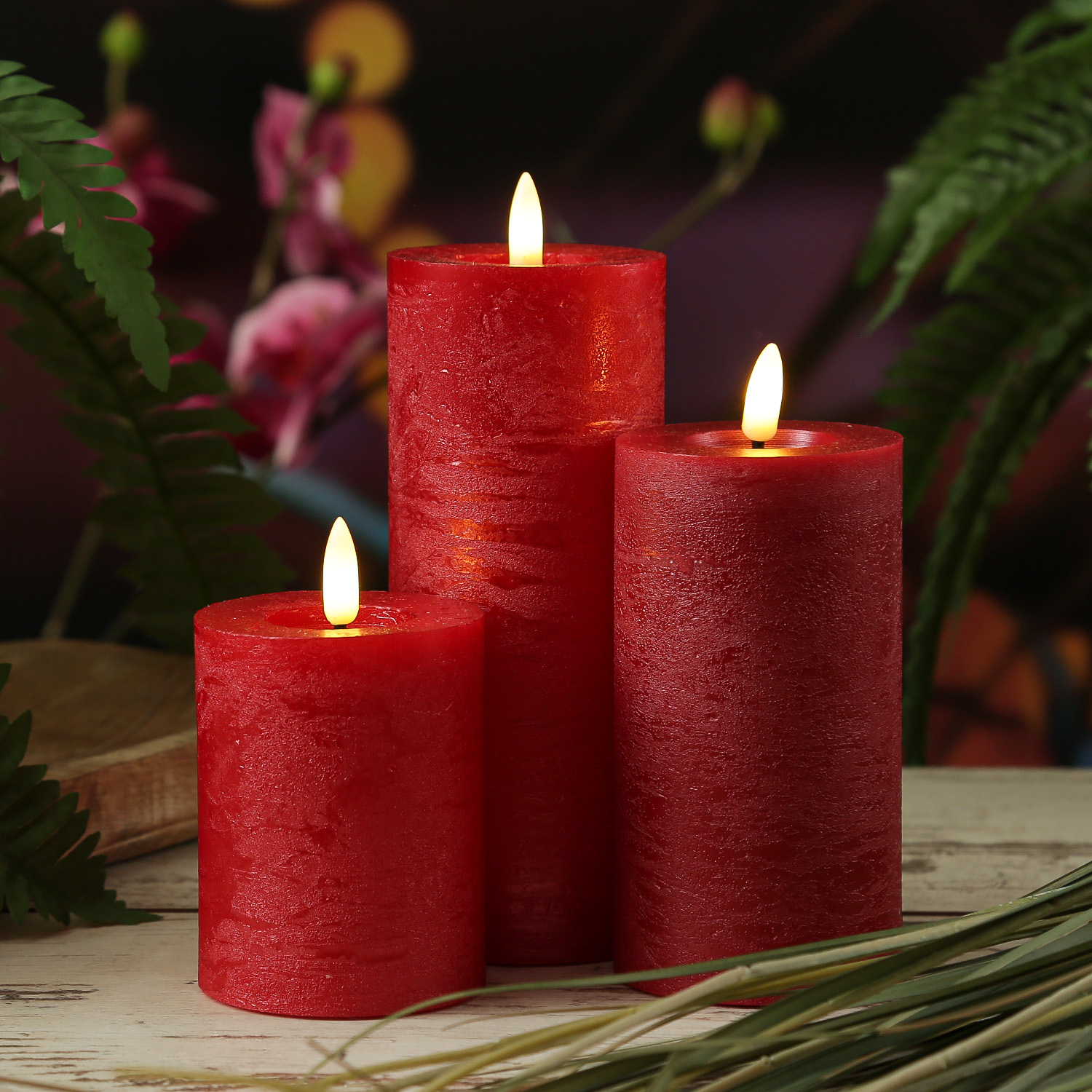 LED Kerzenset LINA - Rustik-Optik - Echtwachs - 3 Größen - D: 7cm - Timer - rot - 3er Set