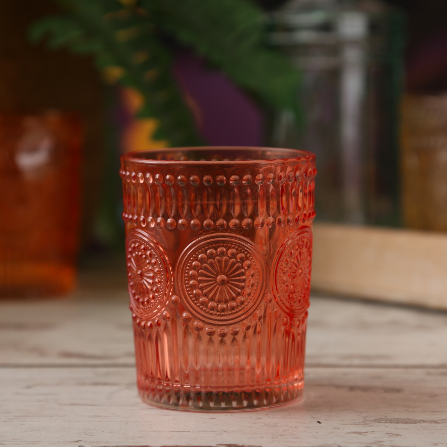 Trinkgläser Vintage - Glas - lebensmittelecht - 280ml - H: 10cm - mit Muster - rot - 4er Set