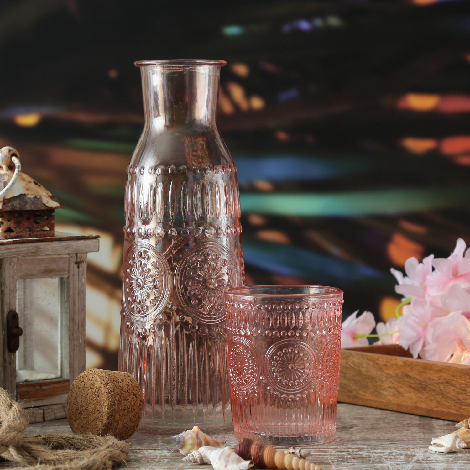Karaffe Vintage mit Blumenmuster - Glaskaraffe - Kanne mit Korkendeckel - Boho Stil - 1l - rosa