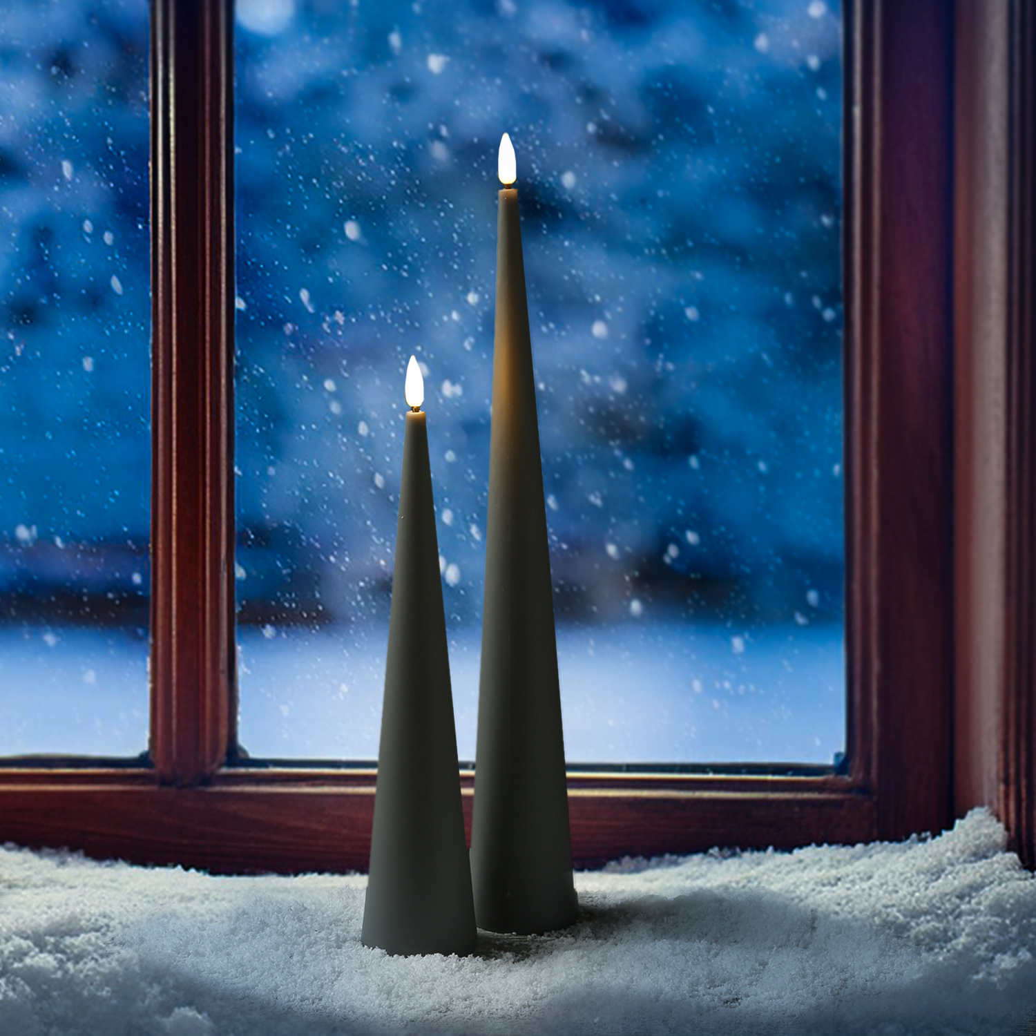 LED Kegelkerze - Kunststoff - realistische 3D Flamme - H: 35cm - Timer - für Außen - grau LED Kegelkerze - Kunststoff - realistische 3D Flamme - H: 35cm - Timer - für Außen - grau