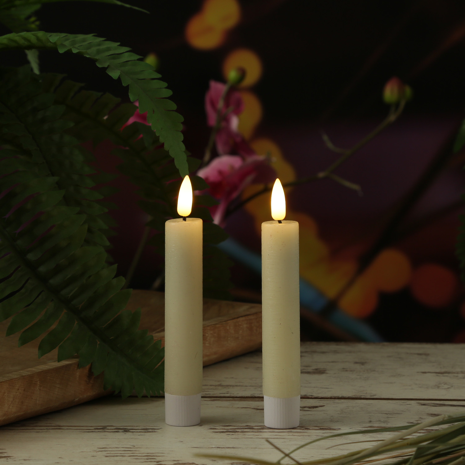 LED Stabkerzen LINA - Rustik-Optik - Echtwachs - 3D Flamme - H: 16cm - Timer - creme - 2er Set