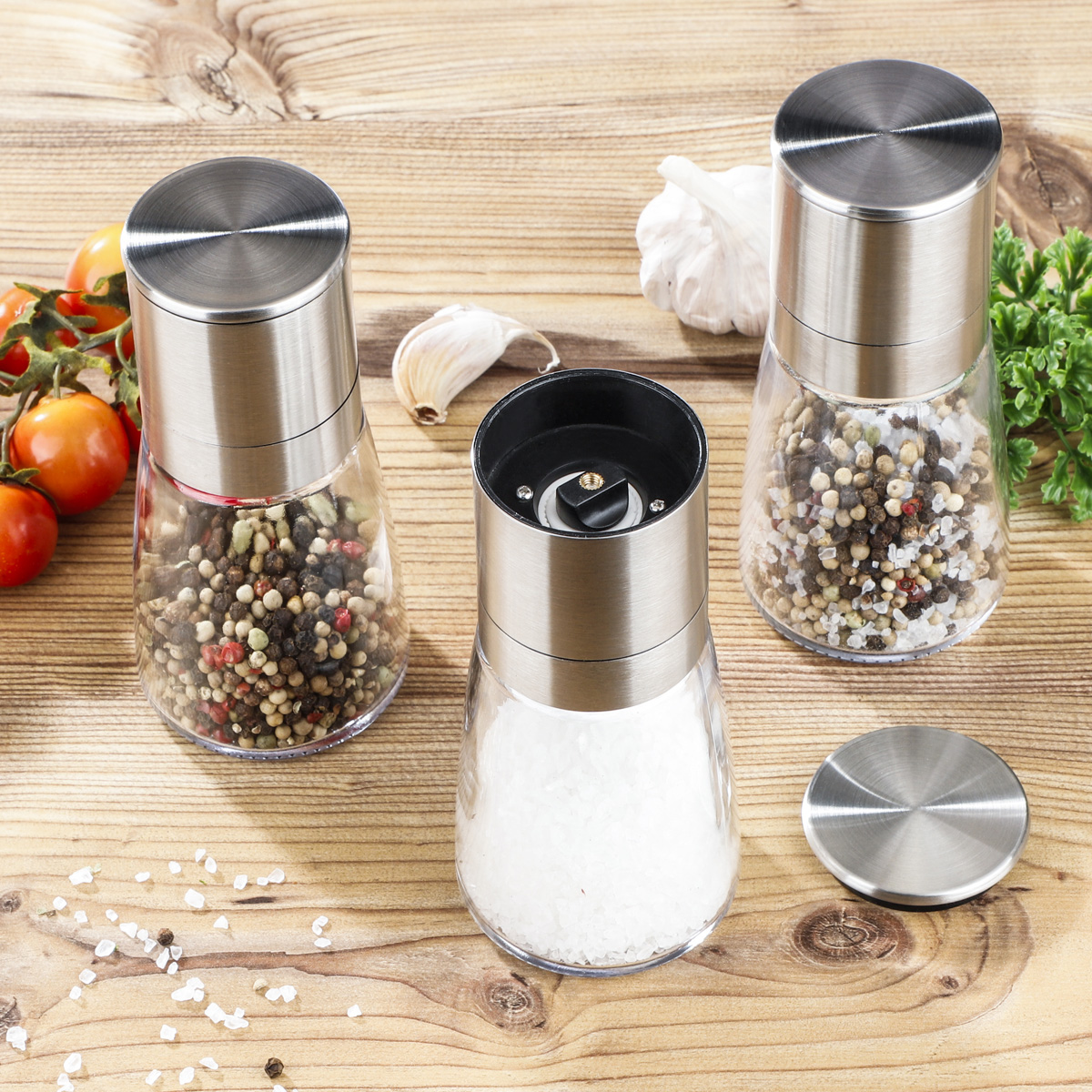 Gewürzmühlen - für Salz, Pfeffer oder Gewürze - Edelstahl - D: 6,5cm, H: 13cm - 3er Set Gewürzmühlen - für Salz, Pfeffer oder Gewürze - Edelstahl - D: 6,5cm, H: 13cm - 3er Set