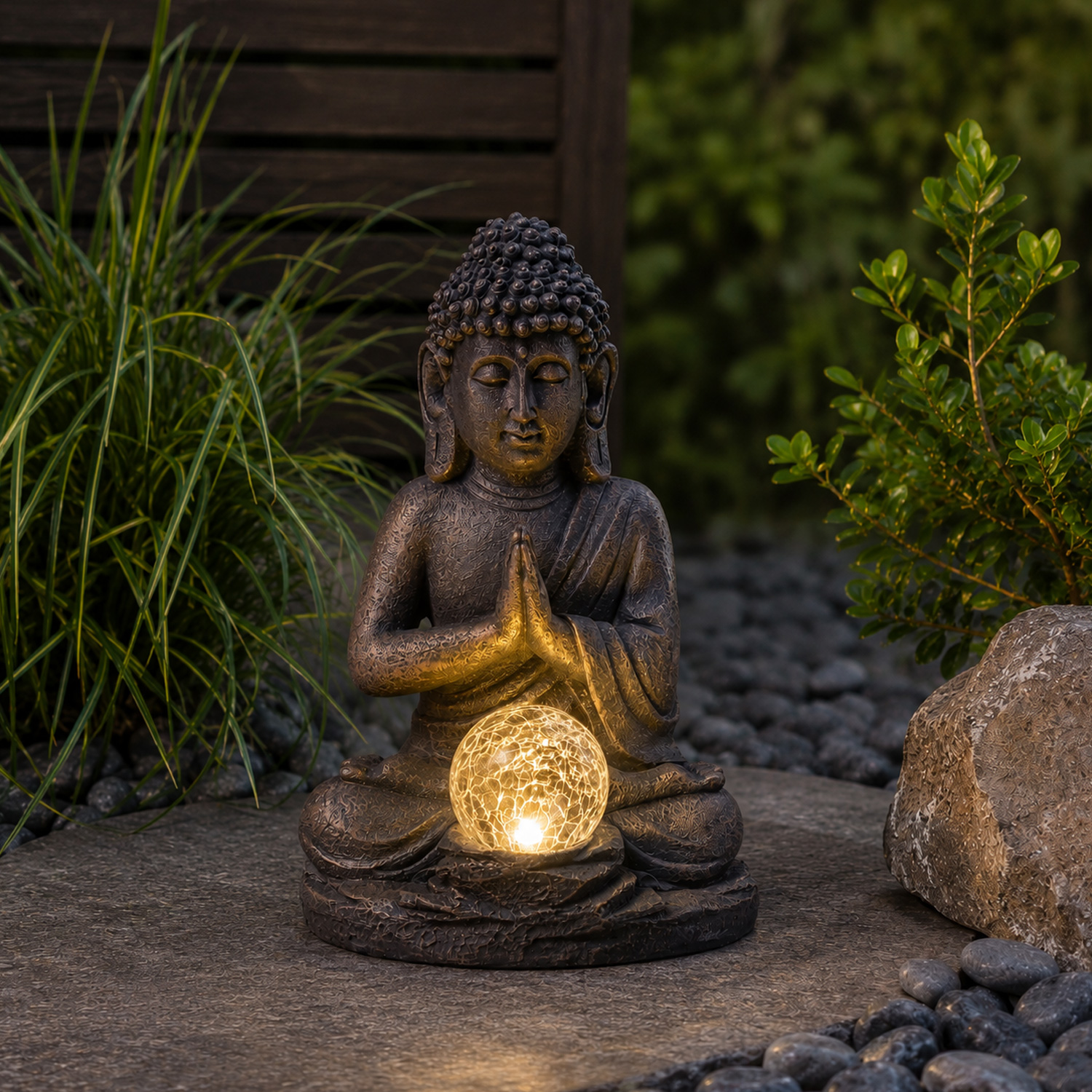LED Solar Buddha - meditierende Buddhafigur - Polyresin - H: 27cm - Dämmerungssensor