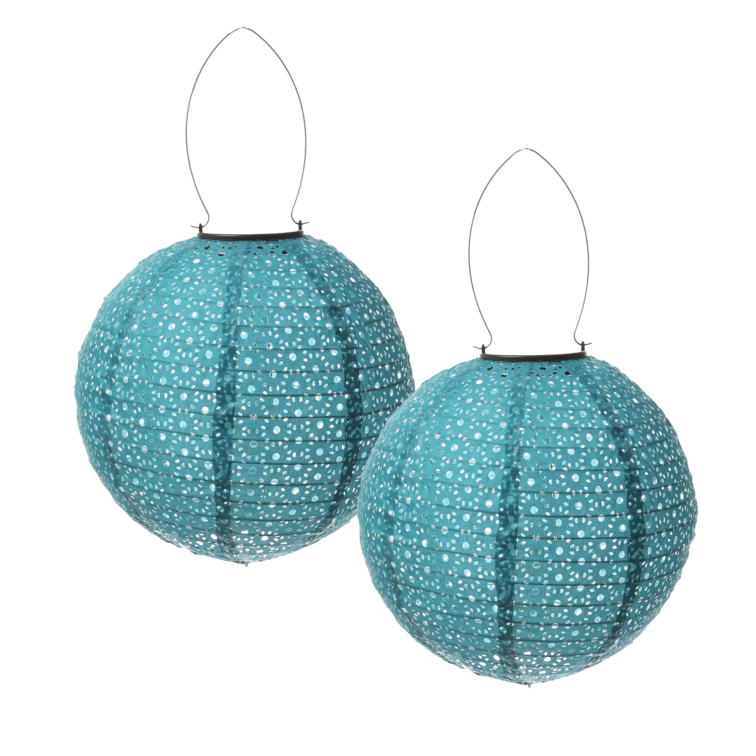 LED Solar Lampion - mit Blumenmuster - warmweiß - H: 25cm - D: 25cm - Lichtsensor - blau - 2er Set