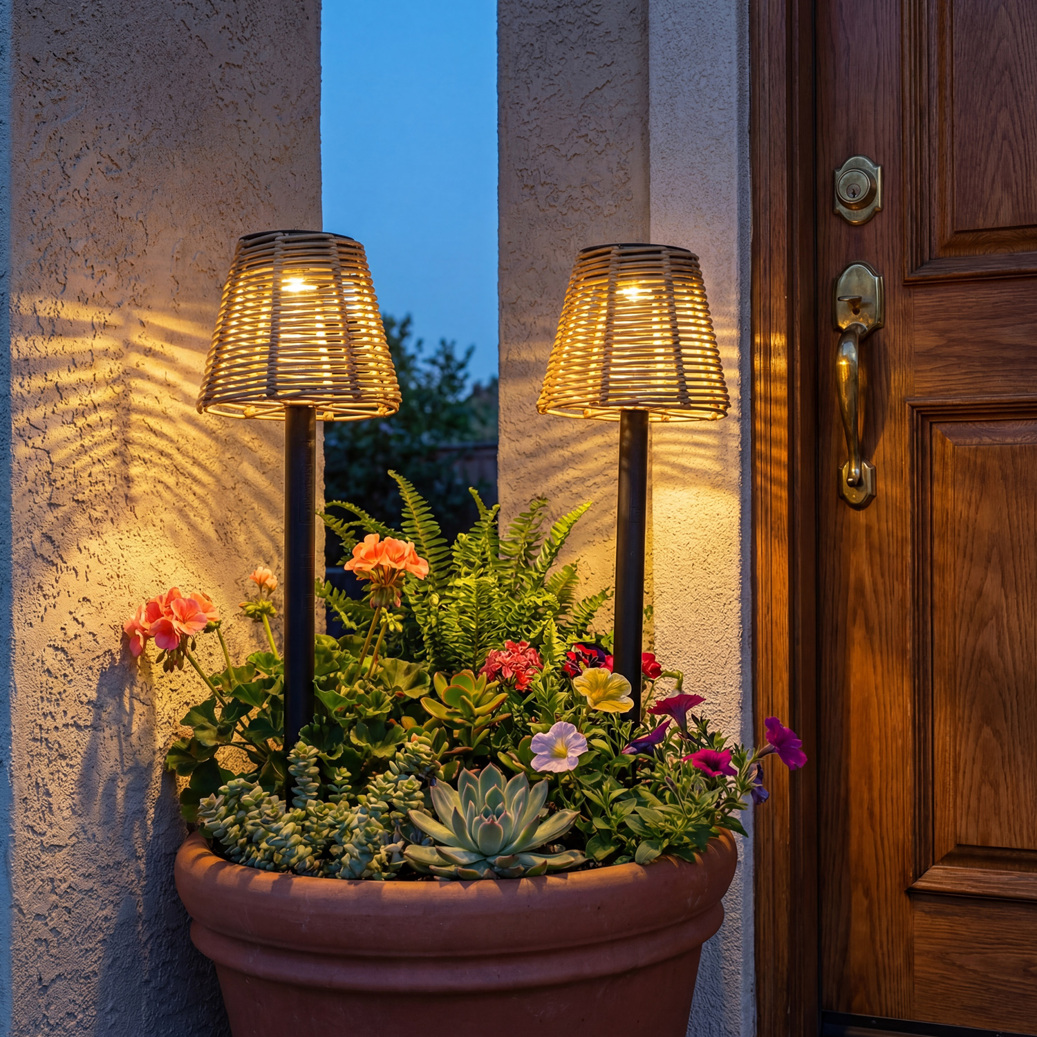 LED Solar Wegleuchte mit Lampenschirm in Rattanoptik - Gartenstecker - H: 30cm - Lichtsensor