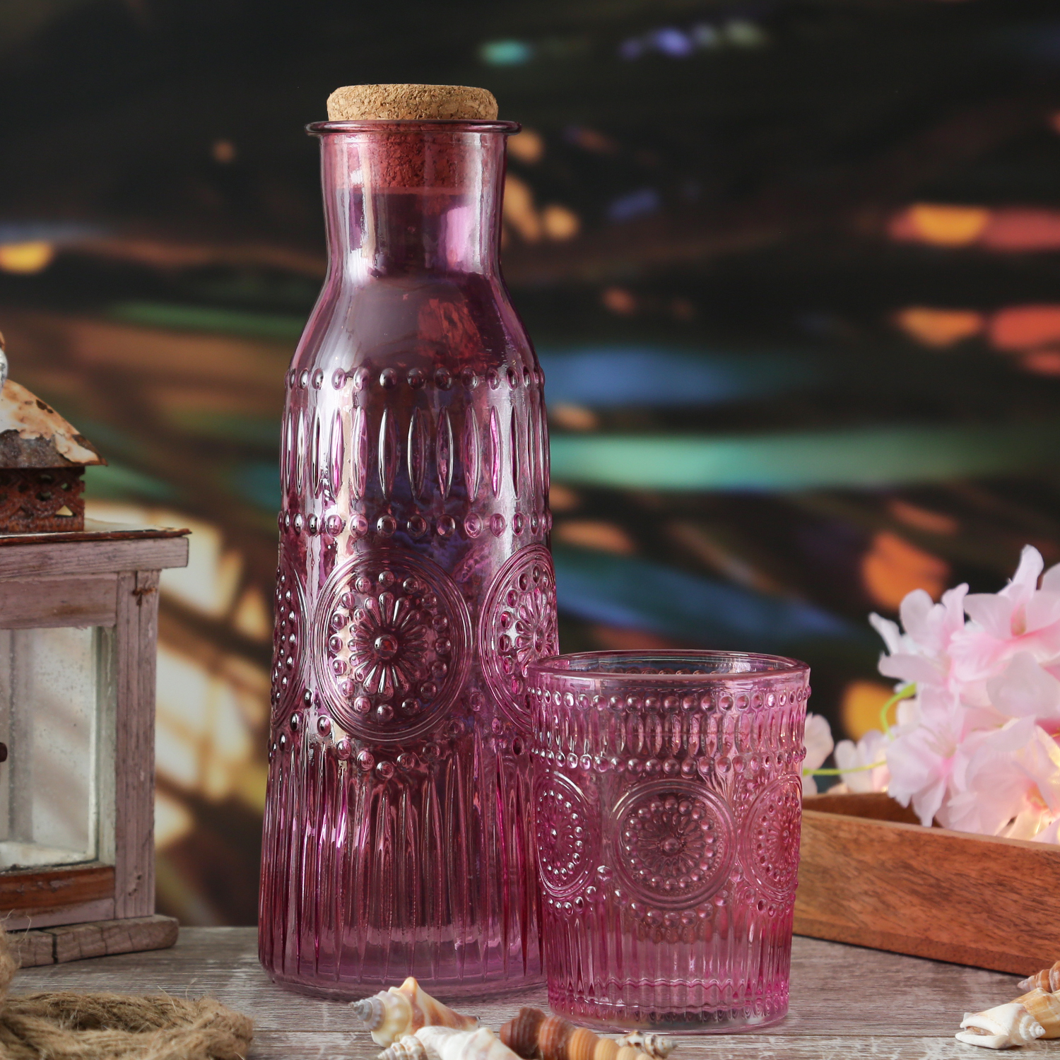 Trinkgläser Vintage - Glas - lebensmittelecht - 280ml - H: 10cm - mit Muster - lila - 4er Set