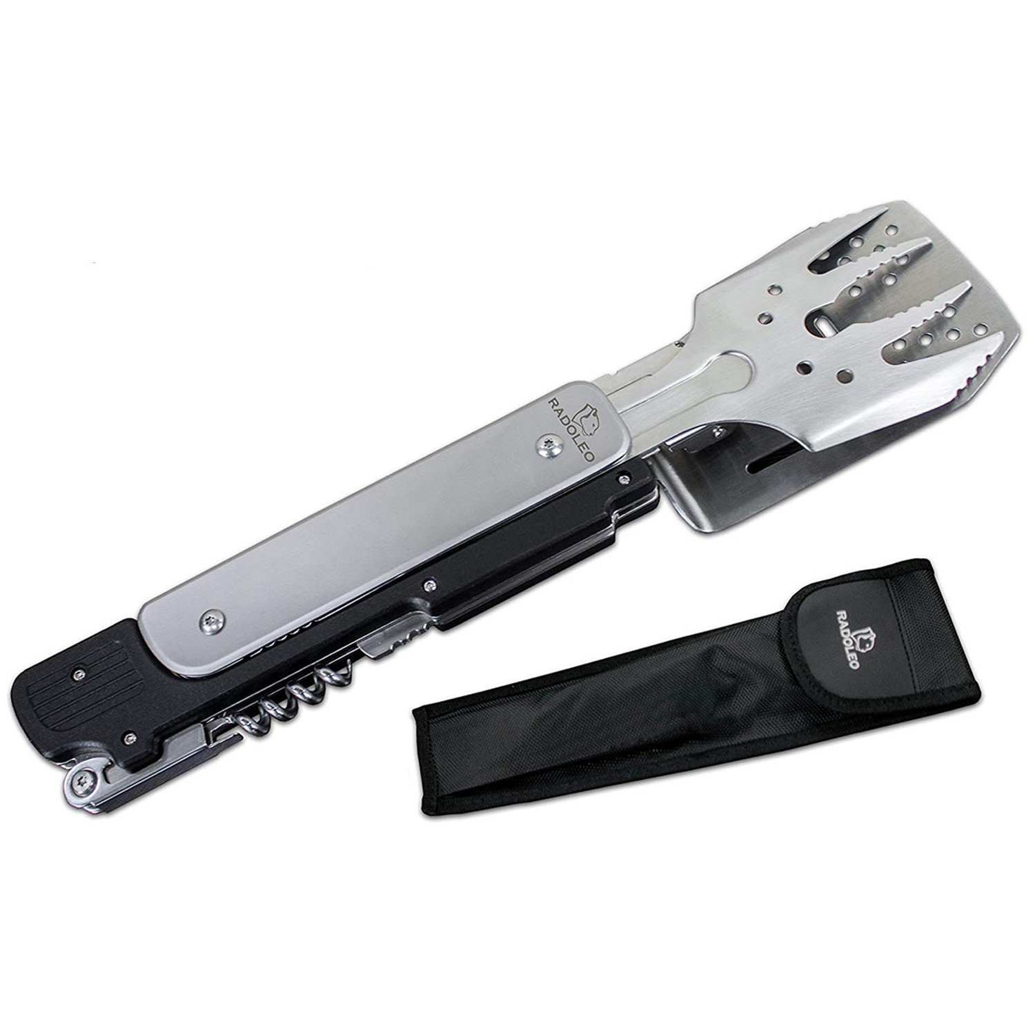 RADOLEO® Grill-Multi-Tool GENIUS Grillbesteck | Zange, Wender, Grillmesser, Fleischgabel, Flaschenöffner, Korkenzieher