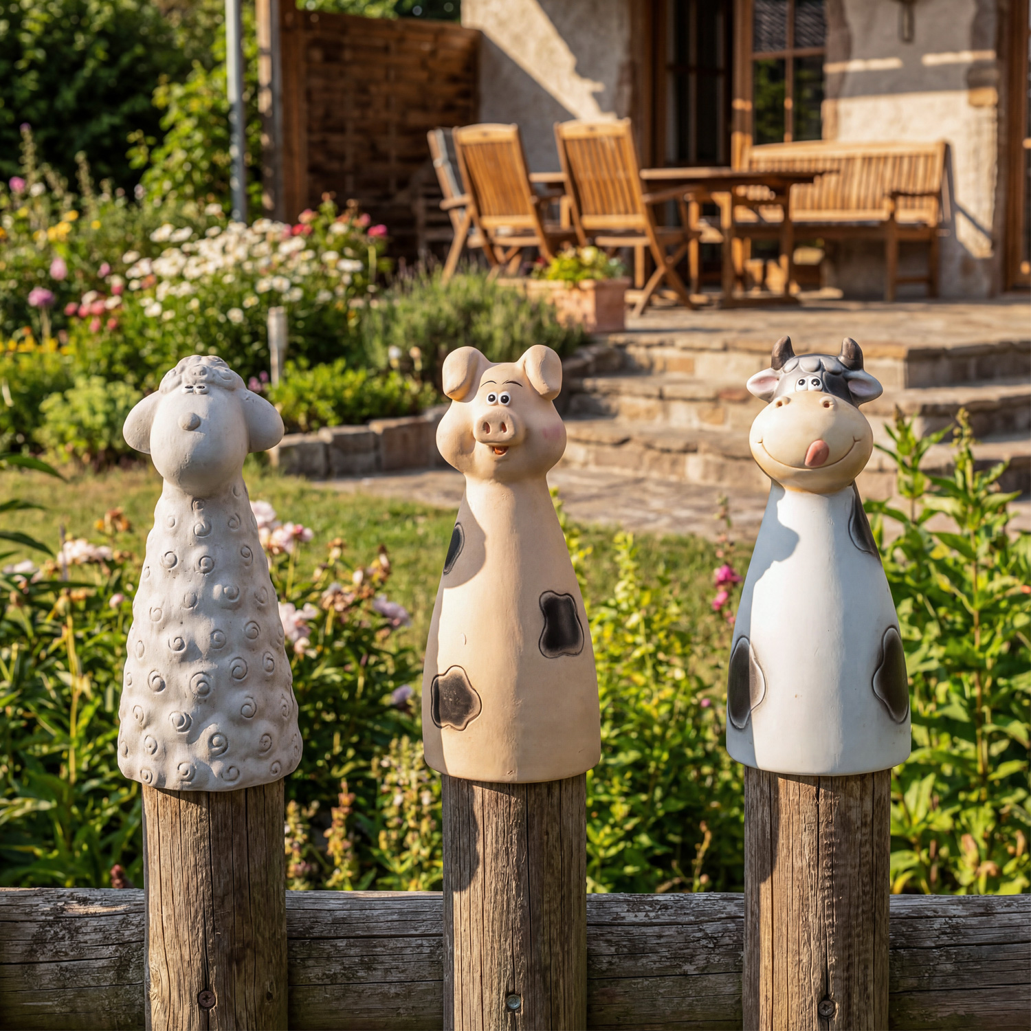 Gartenfigur Schwein - Zaunhocker aus Terrakotta - Tierfigur für Zaun - H: 25cm