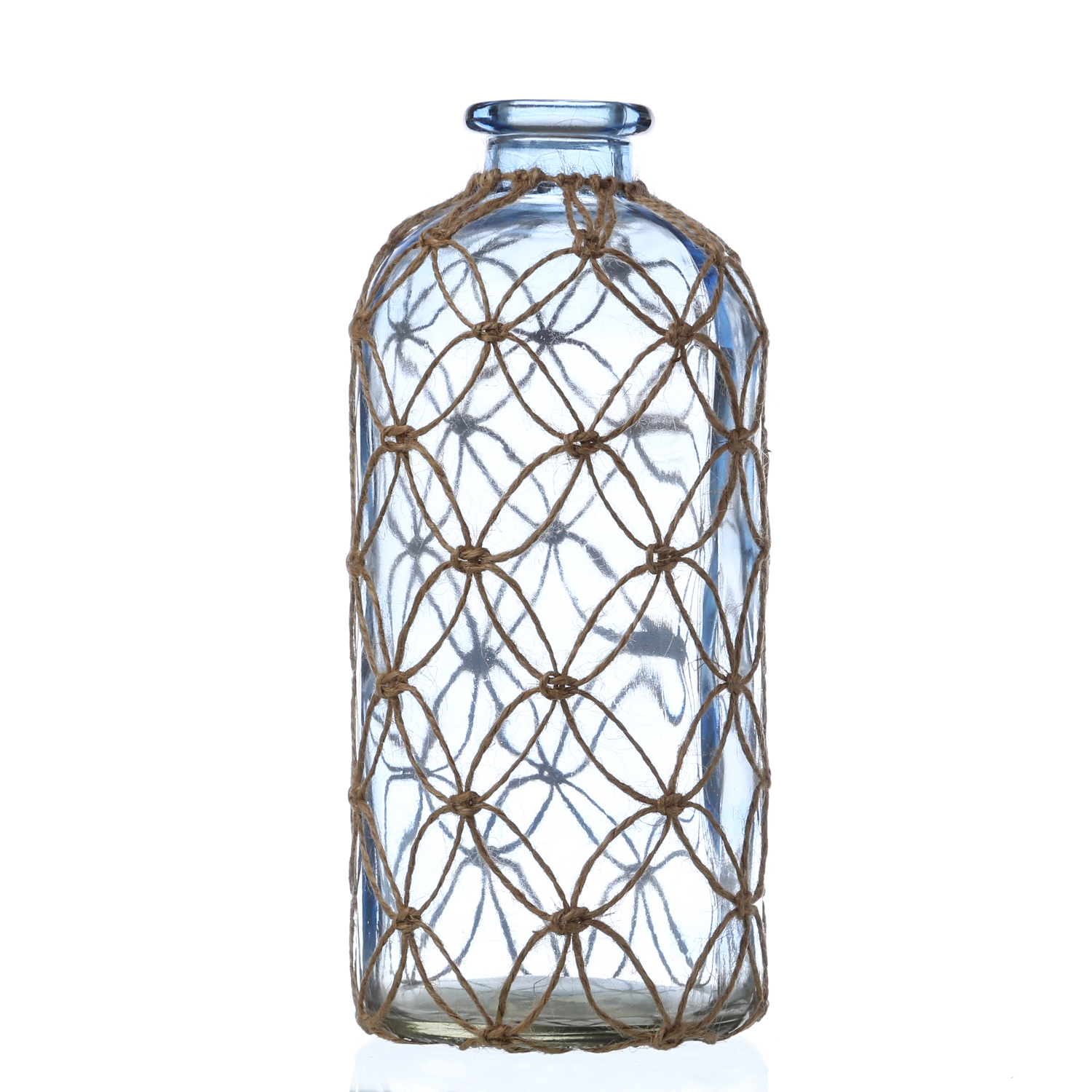 Dekoflasche MARITIM mit Netz - Glasvase - Juteseil Deko - H: 25cm - hellblau Dekoflasche MARITIM mit Netz - Glasvase - Juteseil Deko - H: 25cm - hellblau