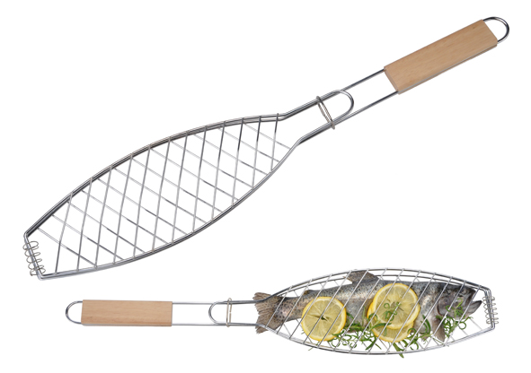 Fischgitter - Fischbräter, extra lang - verchromt - mit Holzgriff Fischgitter - Fischbräter, extra lang - verchromt - mit Holzgriff