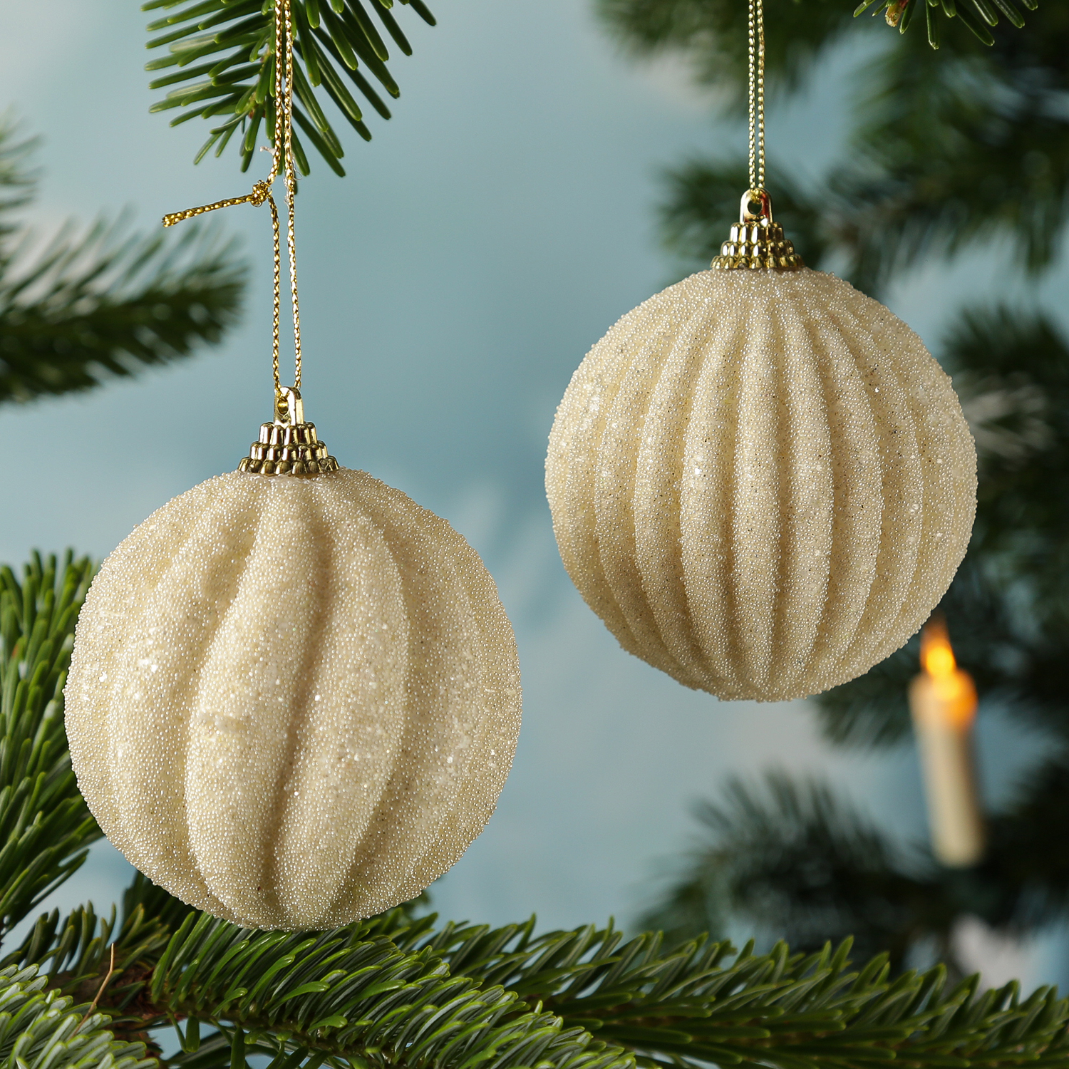 Christbaumkugeln - Weihnachtsbaumkugeln - bruchfest - D: 8cm - 2 Designs - creme - 12er Set
