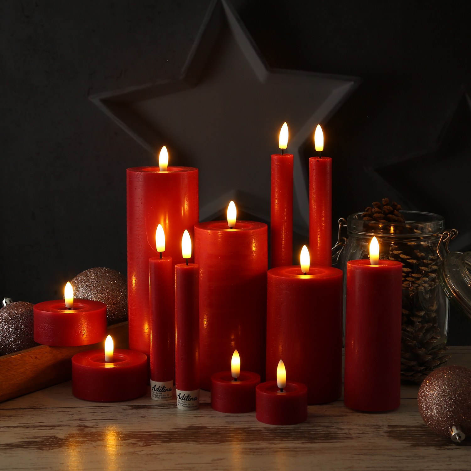 LED Maxi Teelichter LINA - Rustik-Optik - Echtwachs - Timer - D: 7cm - H: 6cm - rot - 2 Stück