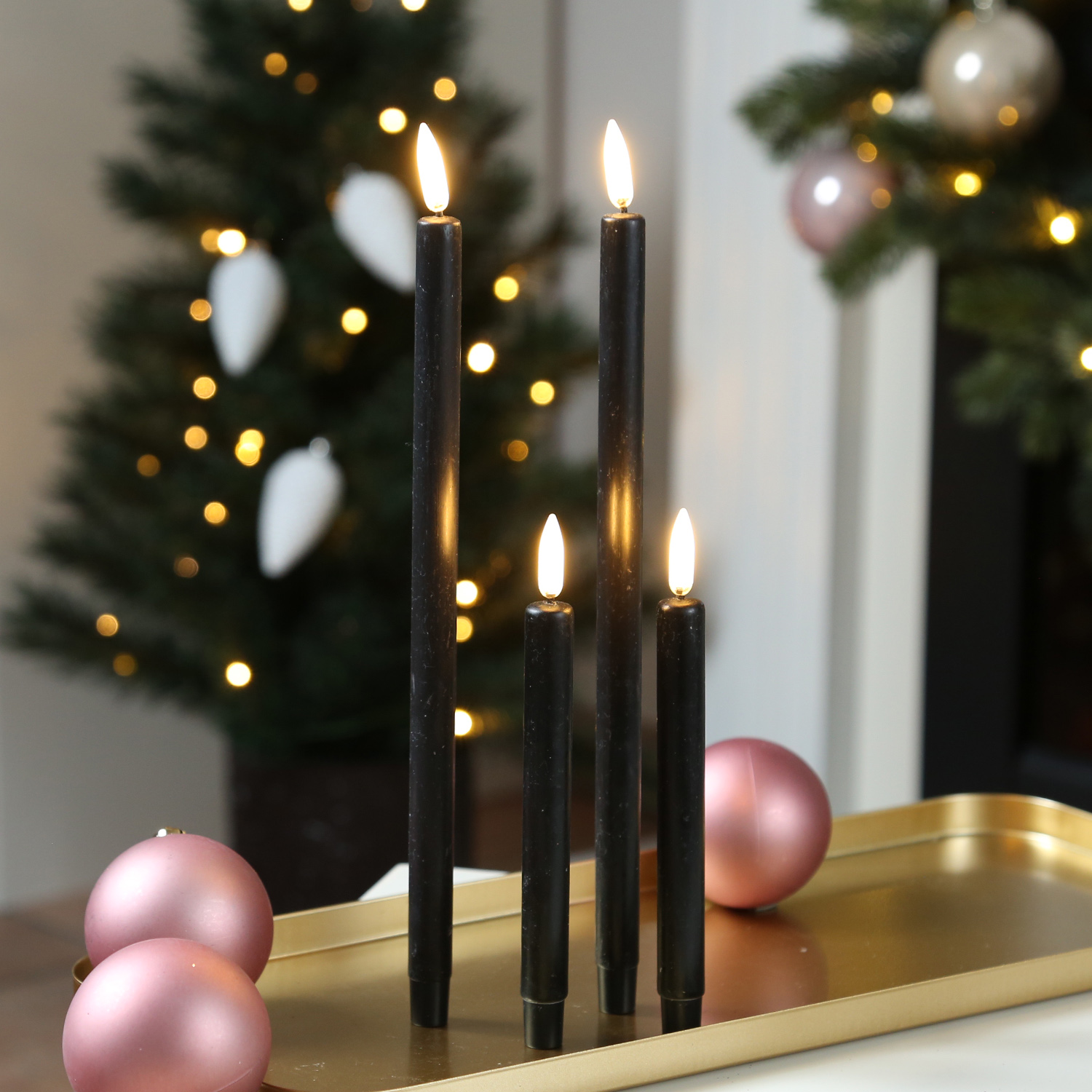 LED Stabkerzen THEA - dünne Tafelkerzen - Echtwachs - H: 16,6cm - D: 1,3cm - schwarz - 2 Stück