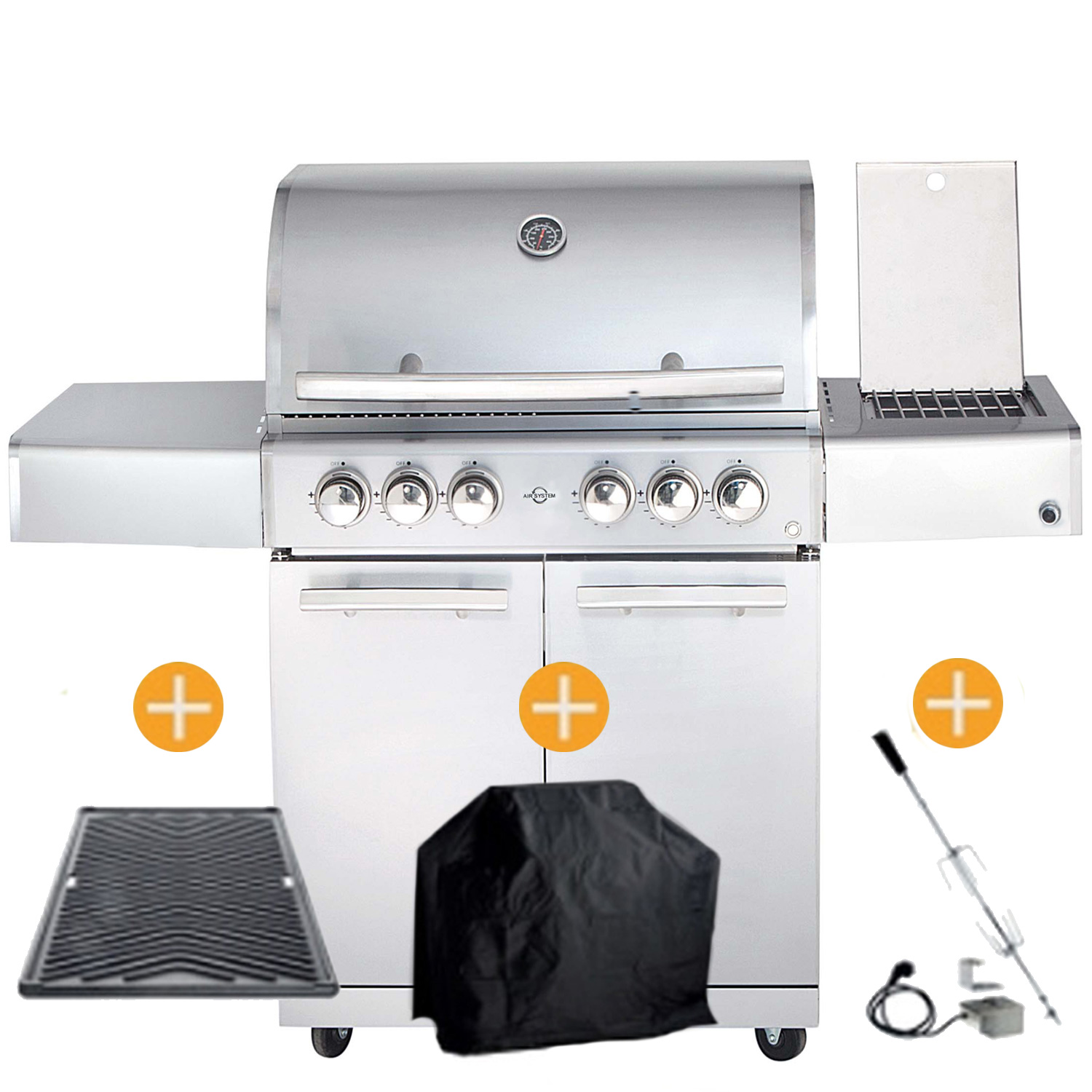 CHEF Paket L1 silber 4 Brenner Backburner Seitenkocher GRATIS: Cover, Grillplatte, Spieß