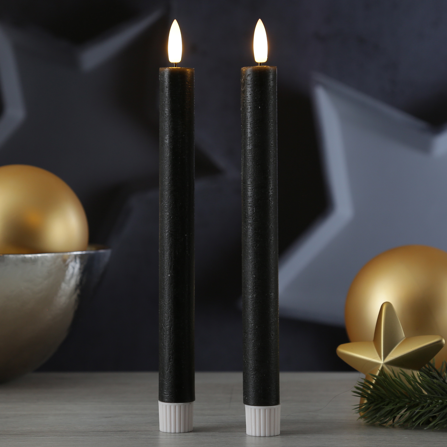 LED Stabkerzen - Rustik-Optik - Echtwachs - flackernd - H- 25cm - Timer - anthrazit - 2er Set LED Stabkerzen - Rustik-Optik - Echtwachs - flackernd - H- 25cm - Timer - anthrazit - 2er Set