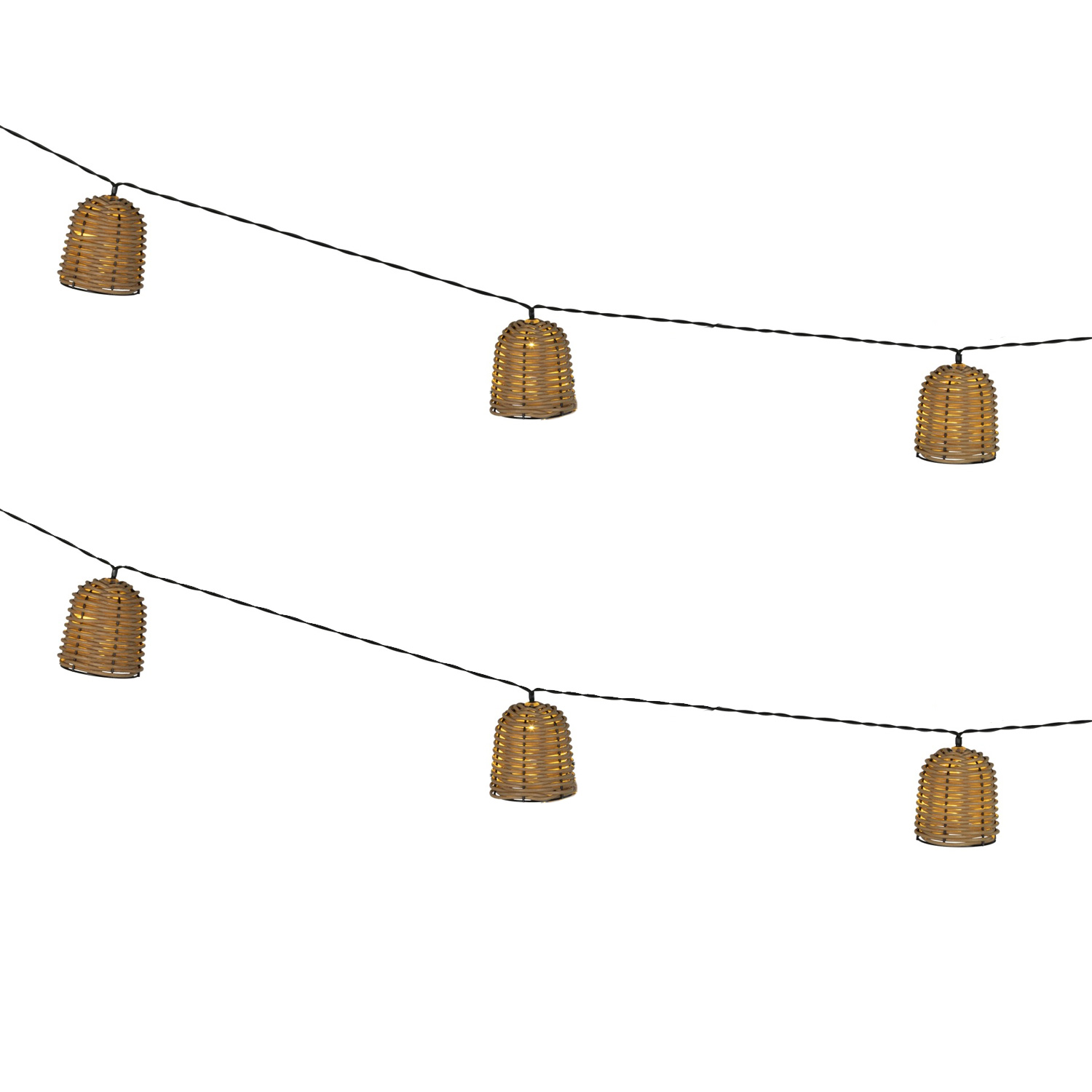 LED Solar Lichterkette Boho  - 8 Lampenschirme in Rattanoptik - L: 2,1m - Lichtsensor