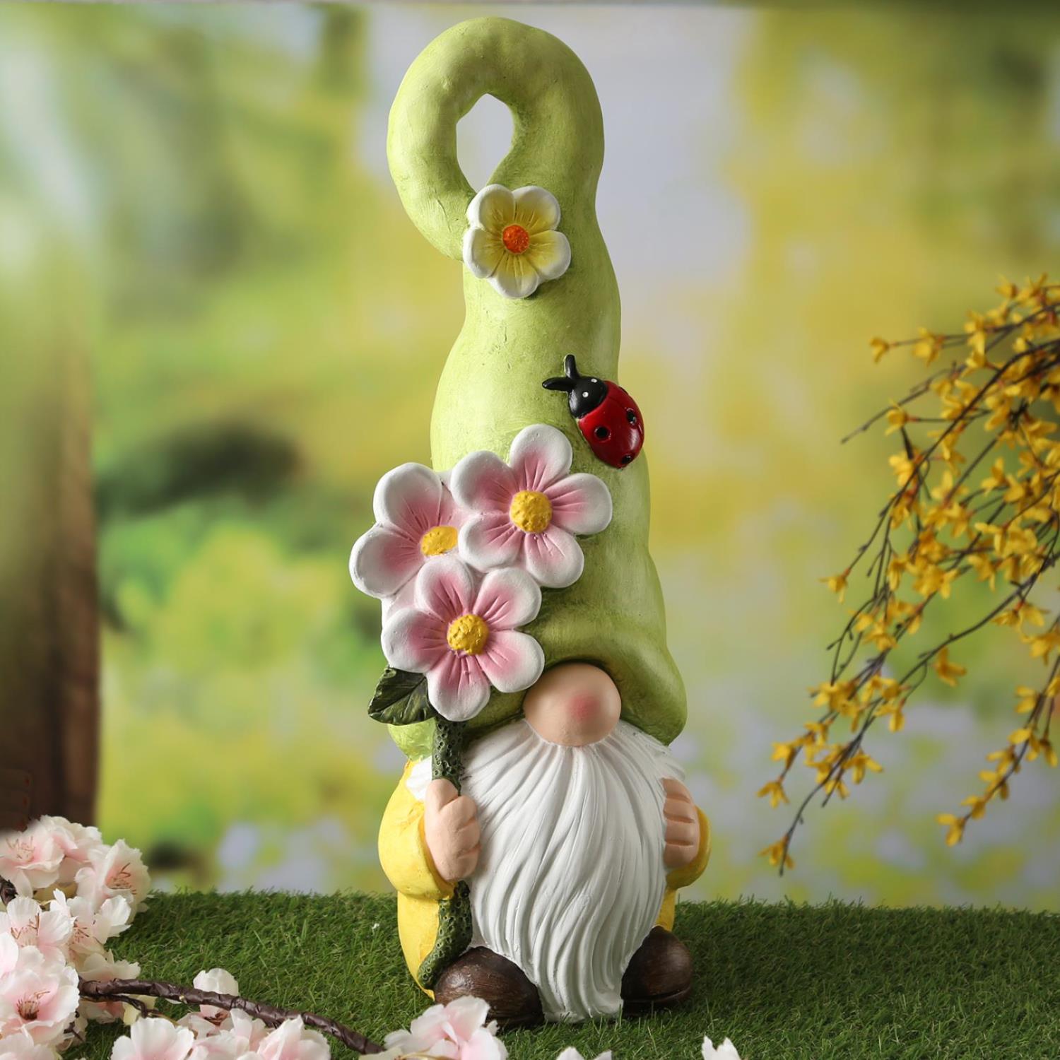 Gartenzwerg mit gruener Zipfelmuetze und Blumen - XL Gartenfigur - Polyresin - H- 49cm