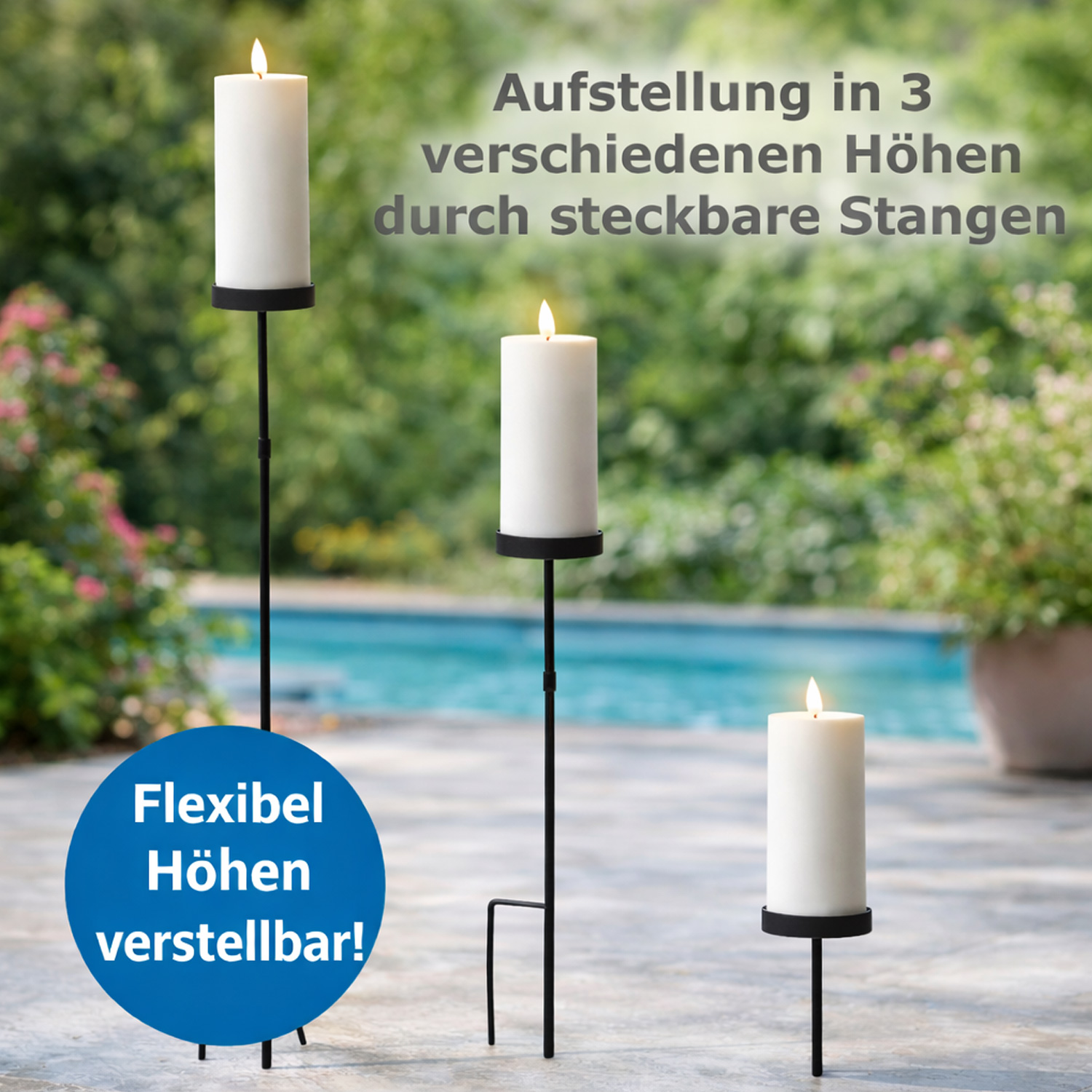 LED Solar Kerze mit Gartenstecker - Outdoorkerze auf Stab - H: 117cm - Lichtsensor - für Außen