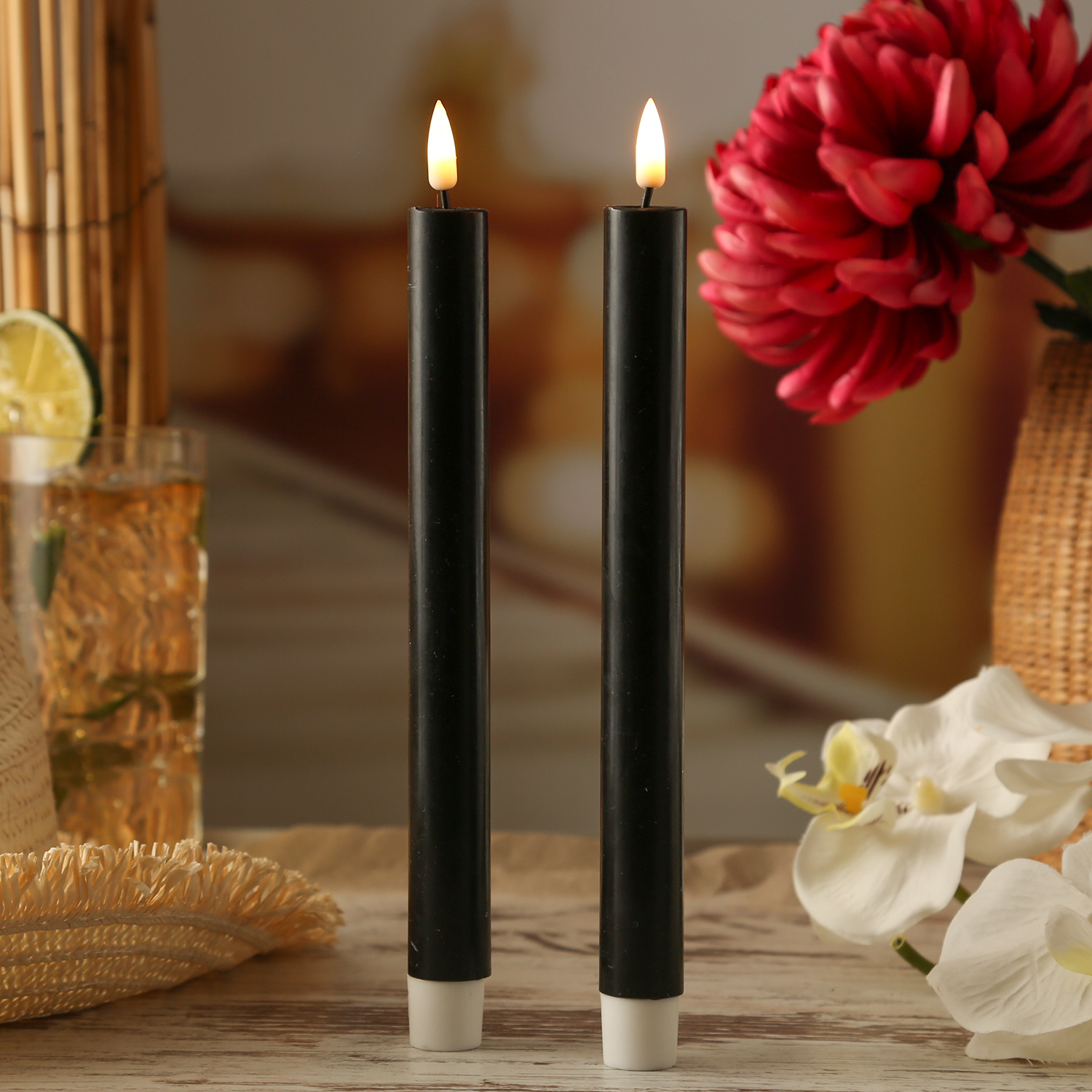 LED Stabkerzen MIA - Echtwachs - realistische 3D Flamme - H: 24cm - Batteriebetrieb - schwarz - 2 St LED Stabkerzen MIA - Echtwachs - realistische 3D Flamme - H: 24cm - Batteriebetrieb - schwarz - 2 St