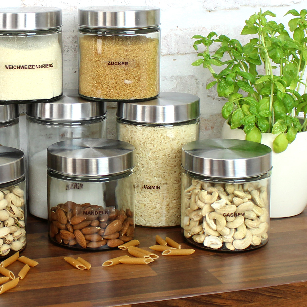 Vorratsdose S - Glas mit Edelstahldeckel - 0,85 Liter - D: 11cm - H: 12cm - 3er Set